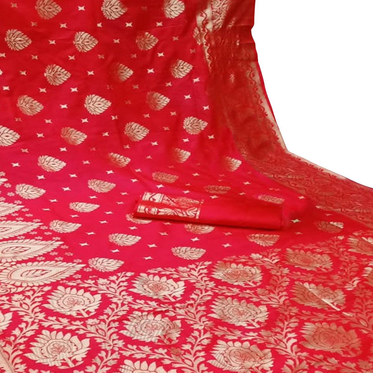 Gleaming Red Colored Festive Wear Woven Banarasi Silk Saree - Peachmode