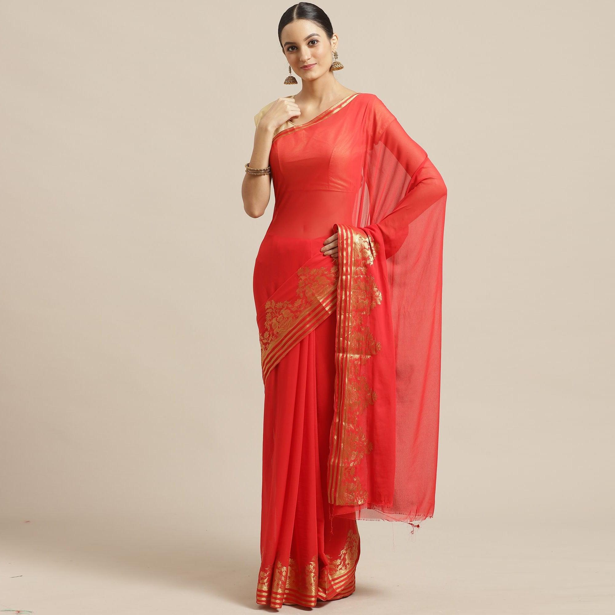 Gleaming Red Colored Festive Wear Woven Chiffon Saree - Peachmode