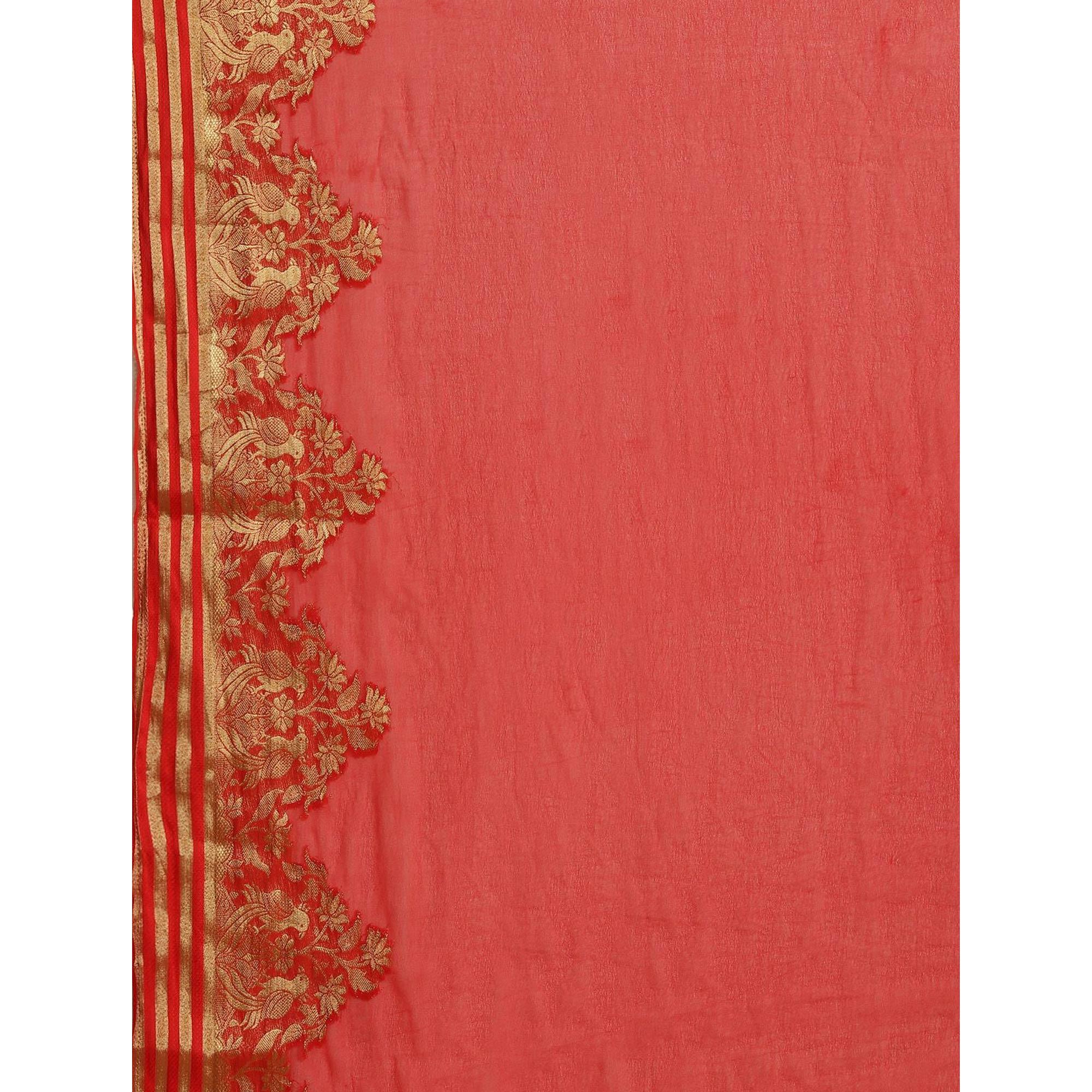 Gleaming Red Colored Festive Wear Woven Chiffon Saree - Peachmode