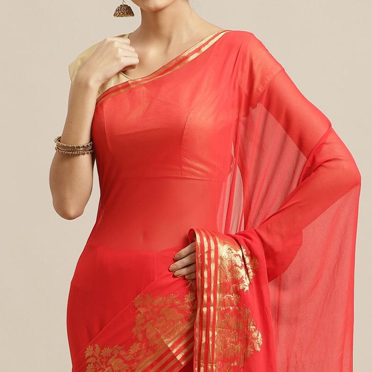 Gleaming Red Colored Festive Wear Woven Chiffon Saree - Peachmode
