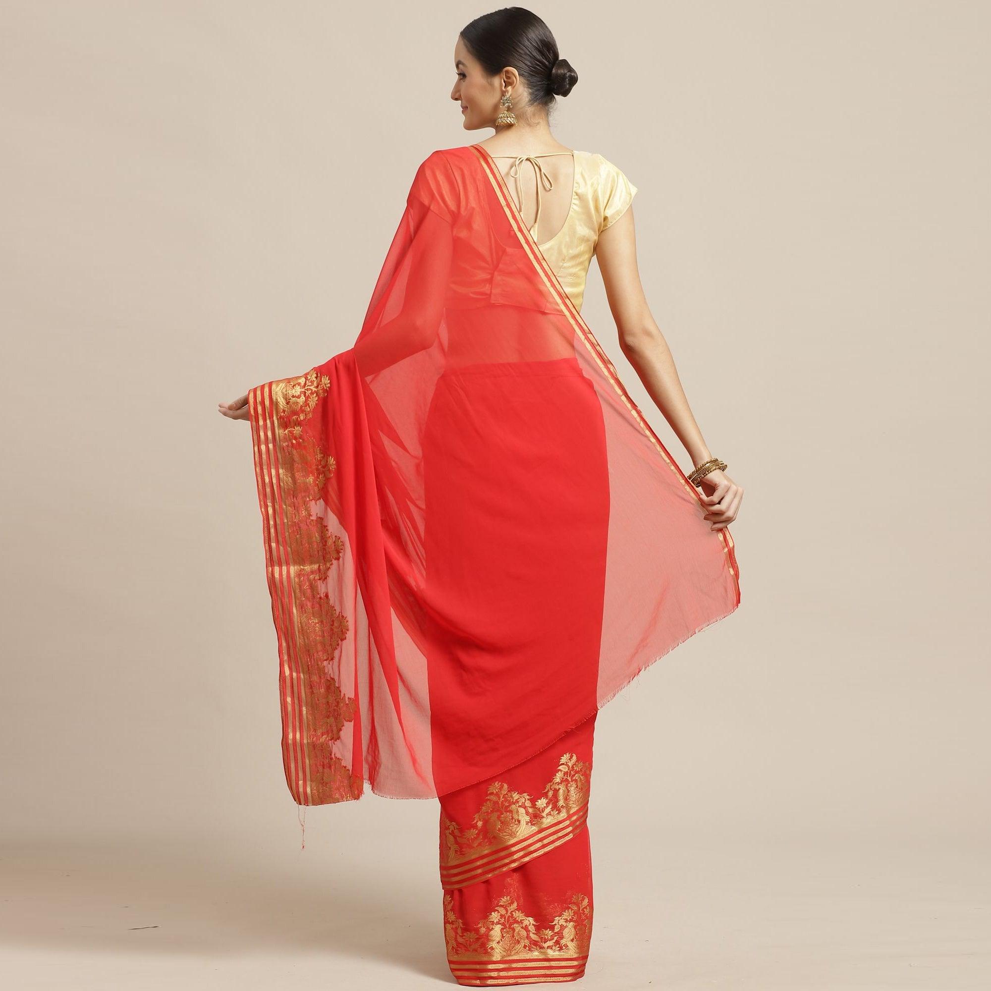Gleaming Red Colored Festive Wear Woven Chiffon Saree - Peachmode