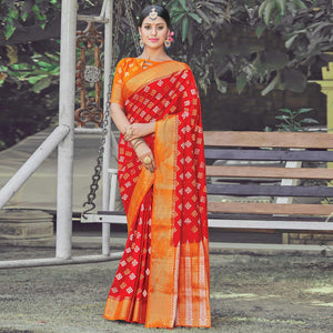 Gleaming Red Colored Festive Wear Woven Silk Saree - Peachmode