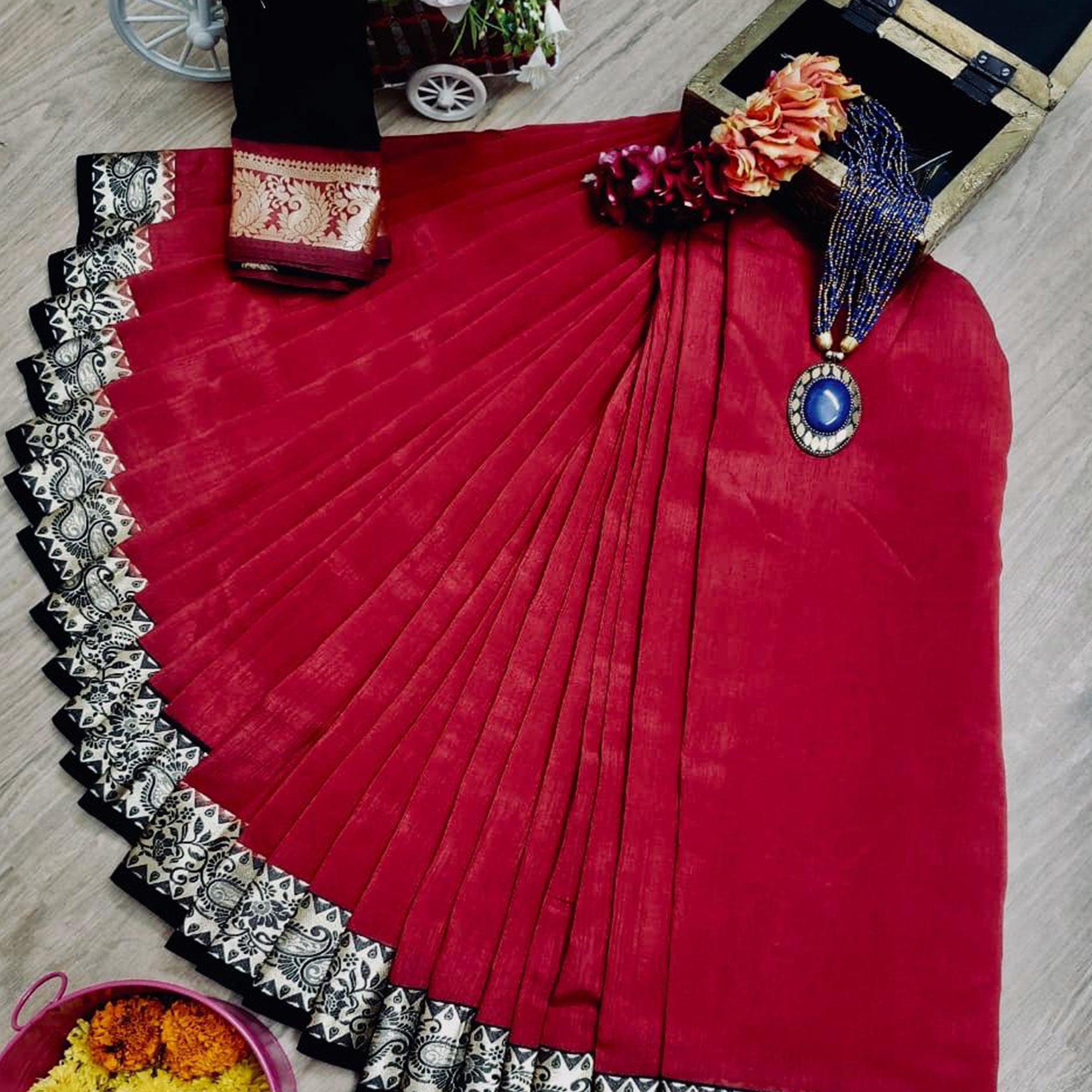 Gleaming Red Colored Festive Wear Woven Soft Vichitra Silk Saree - Peachmode