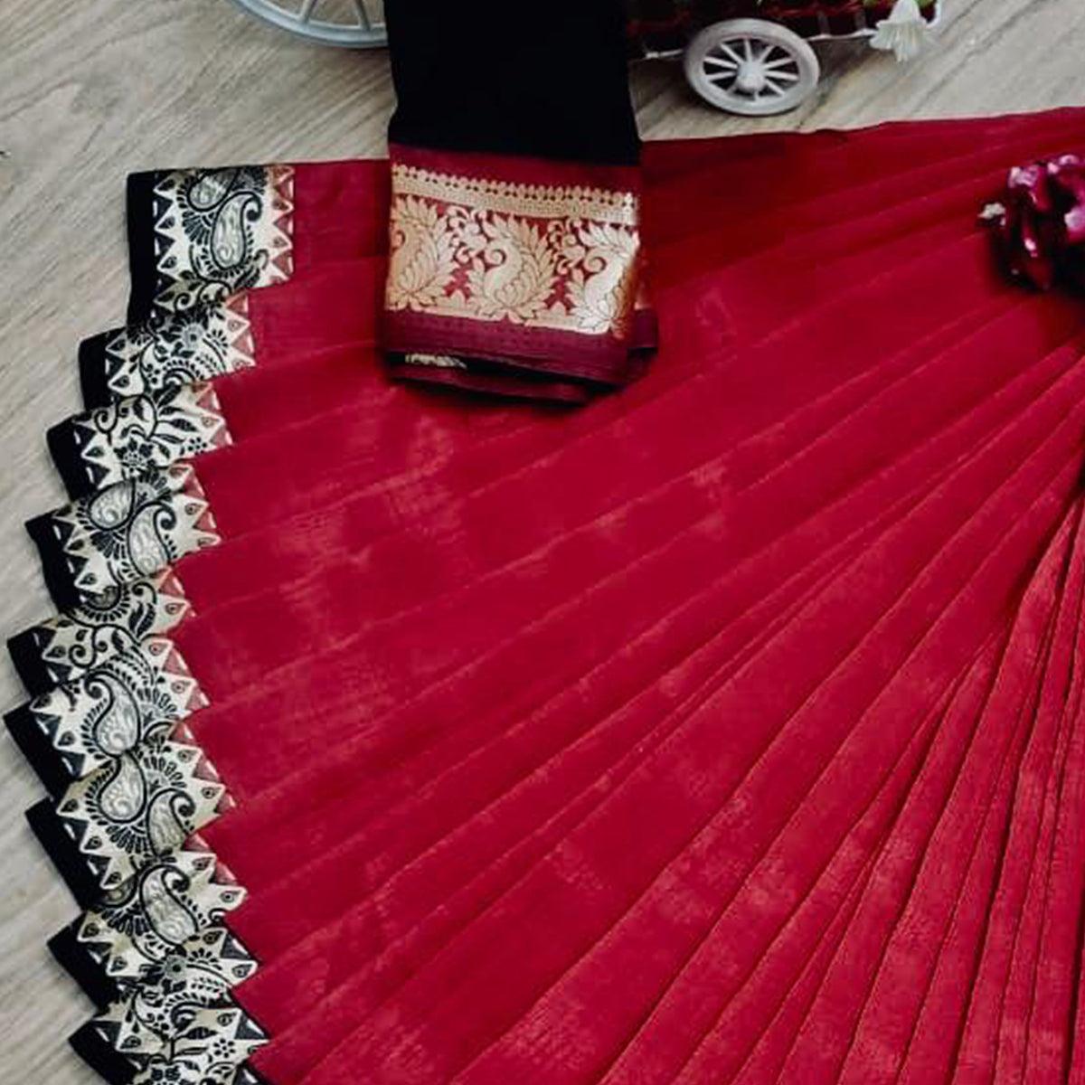Gleaming Red Colored Festive Wear Woven Soft Vichitra Silk Saree - Peachmode