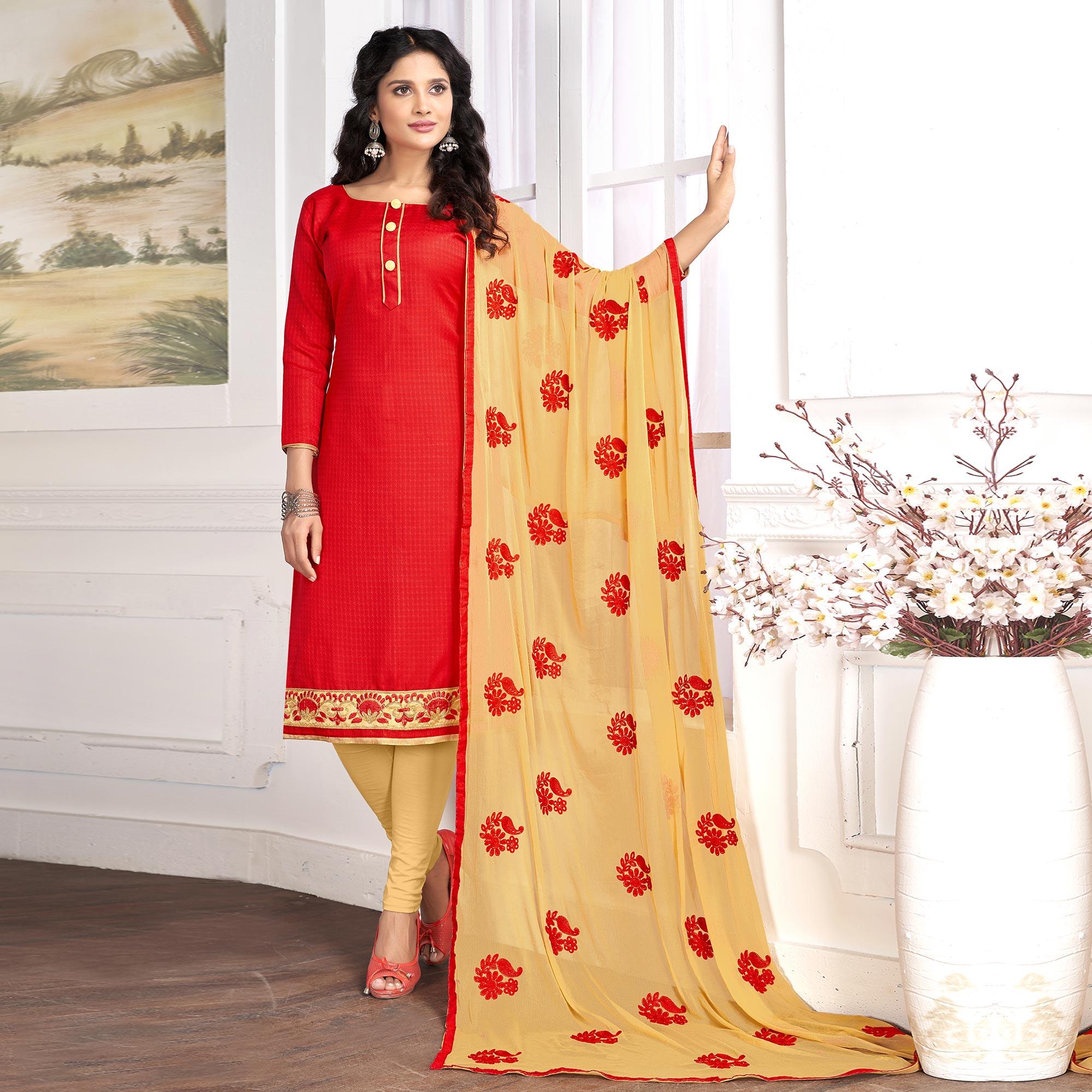 Gleaming Red Colored Partywear Embroidered Cotton Suit - Peachmode