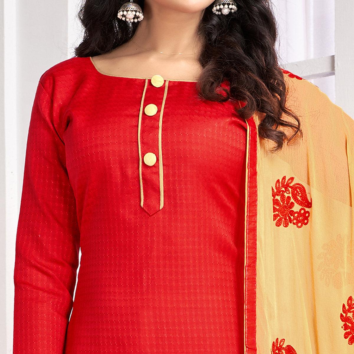 Gleaming Red Colored Partywear Embroidered Cotton Suit - Peachmode