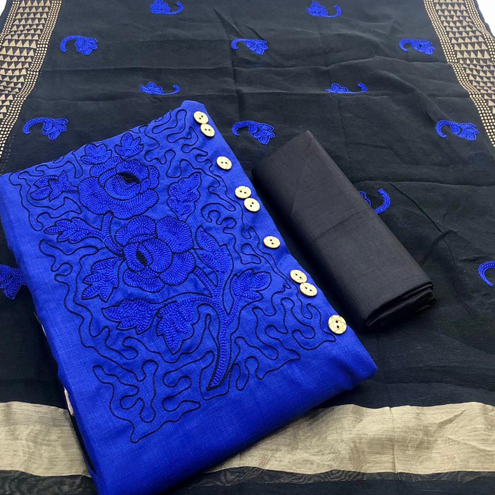 Gleaming Royal Blue Colored Casual Wear Embroidered Cotton Dress Material - Peachmode
