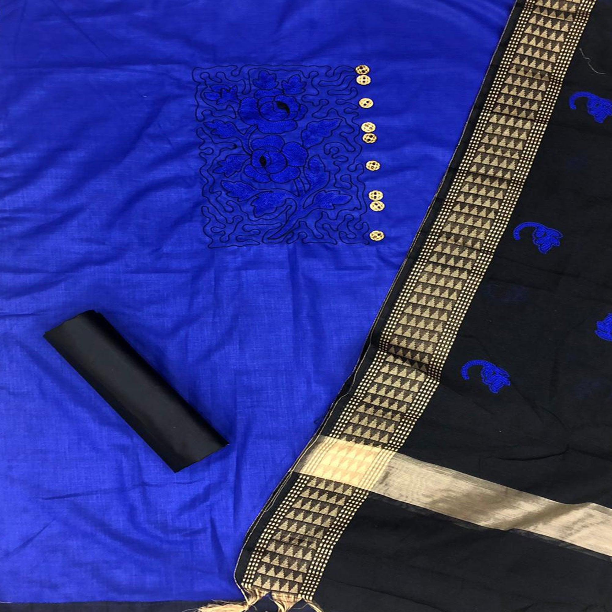 Gleaming Royal Blue Colored Casual Wear Embroidered Cotton Dress Material - Peachmode