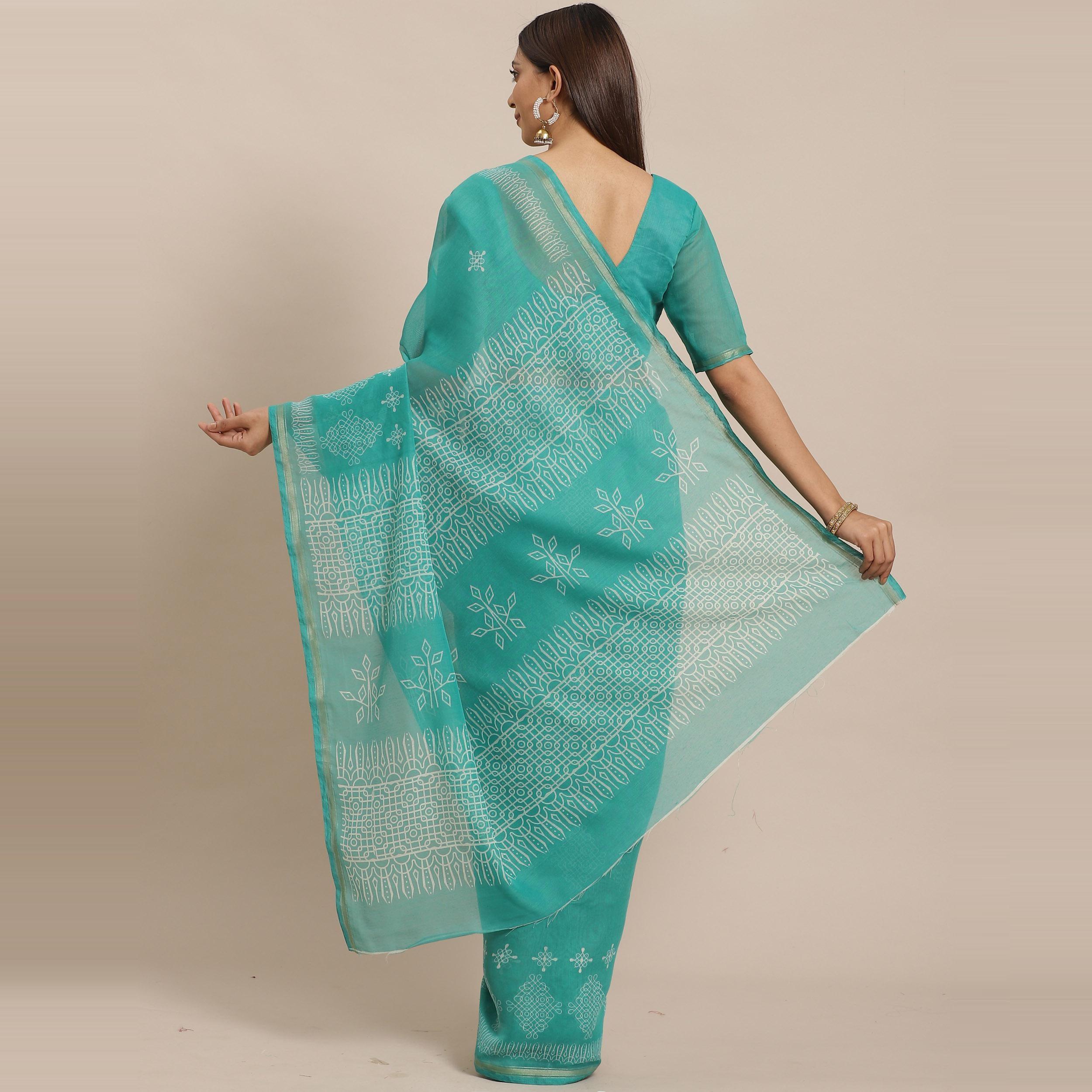 Gleaming Sea Green Colored Casual Wear Printed Silk Blend Saree - Peachmode