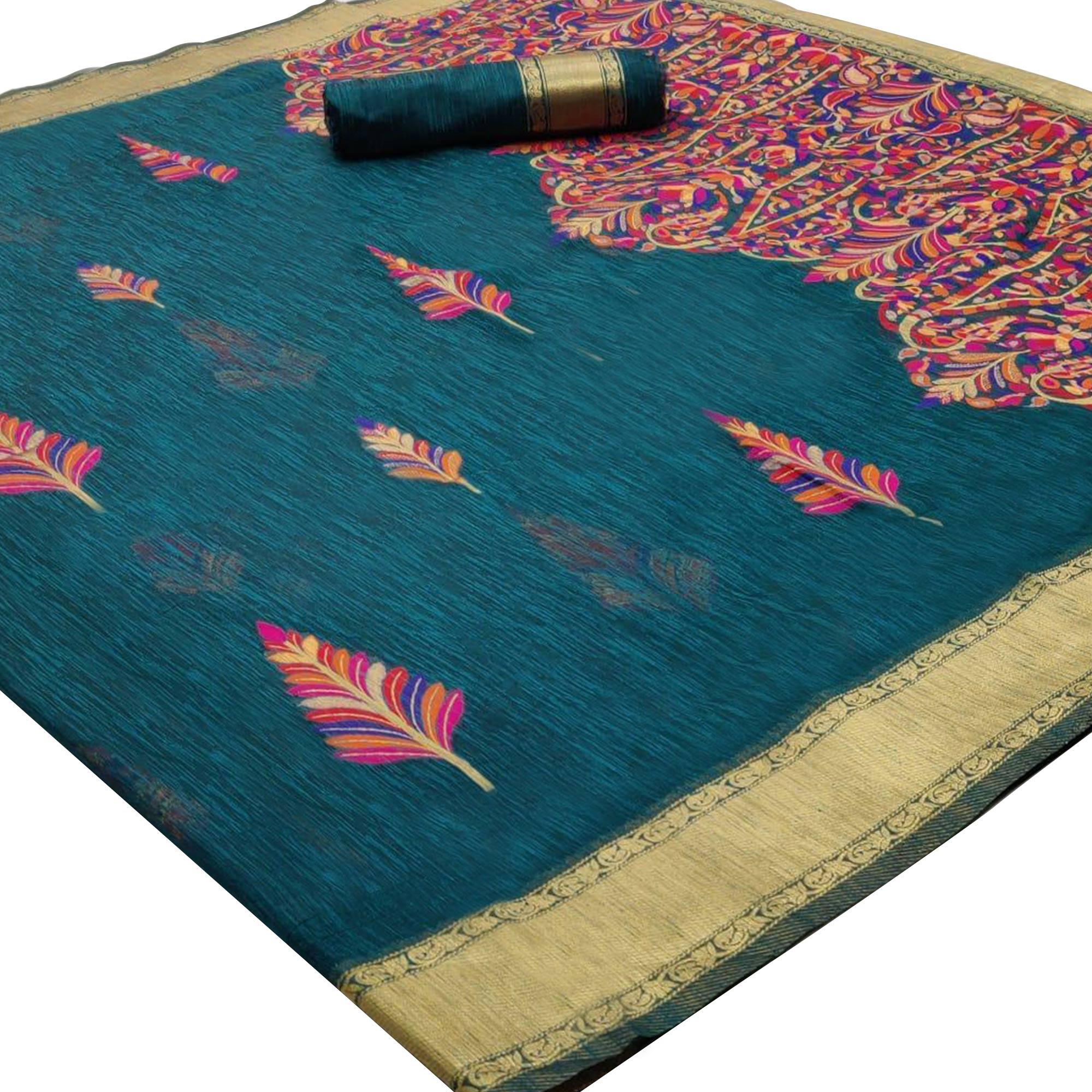 Gleaming Teal Blue Colored Partywear Printed Linen Saree - Peachmode