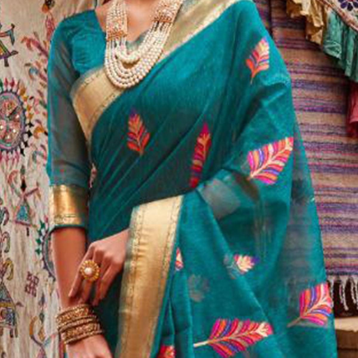 Gleaming Teal Blue Colored Partywear Printed Linen Saree - Peachmode