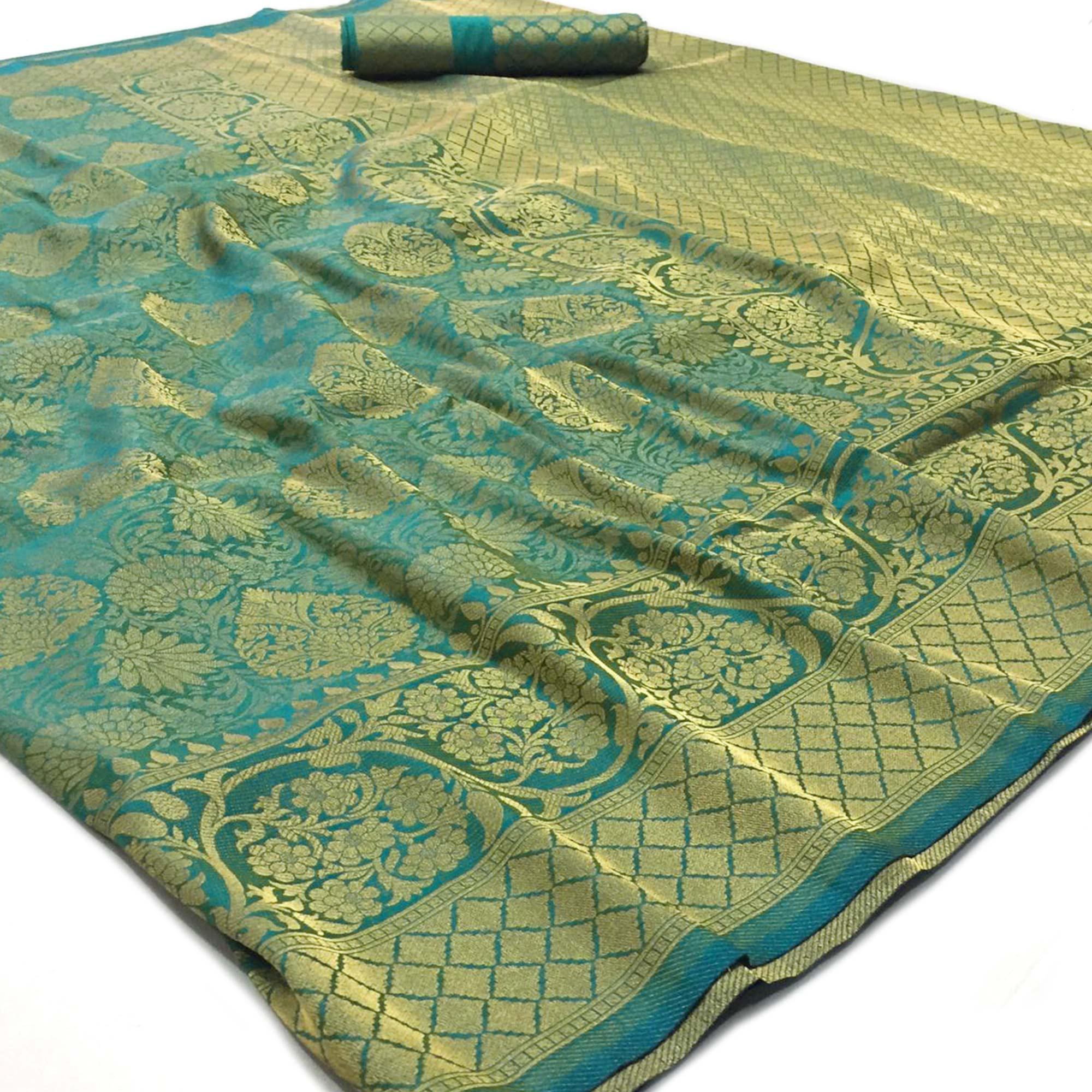 Gleaming Turquoise Blue Colored Festive Wear Woven Art Silk Saree - Peachmode