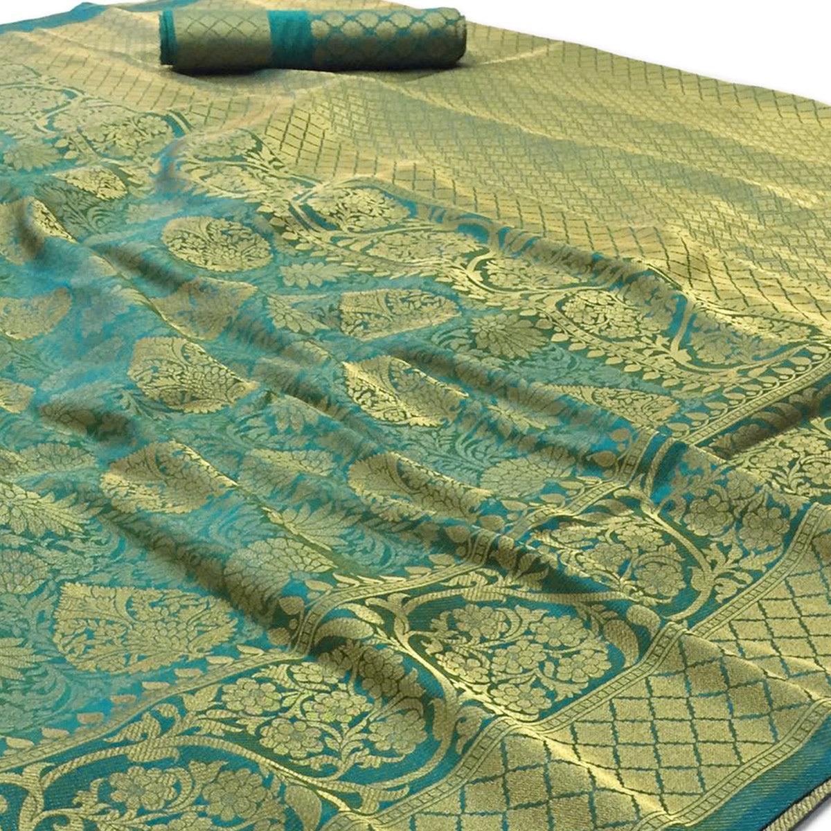 Gleaming Turquoise Blue Colored Festive Wear Woven Art Silk Saree - Peachmode