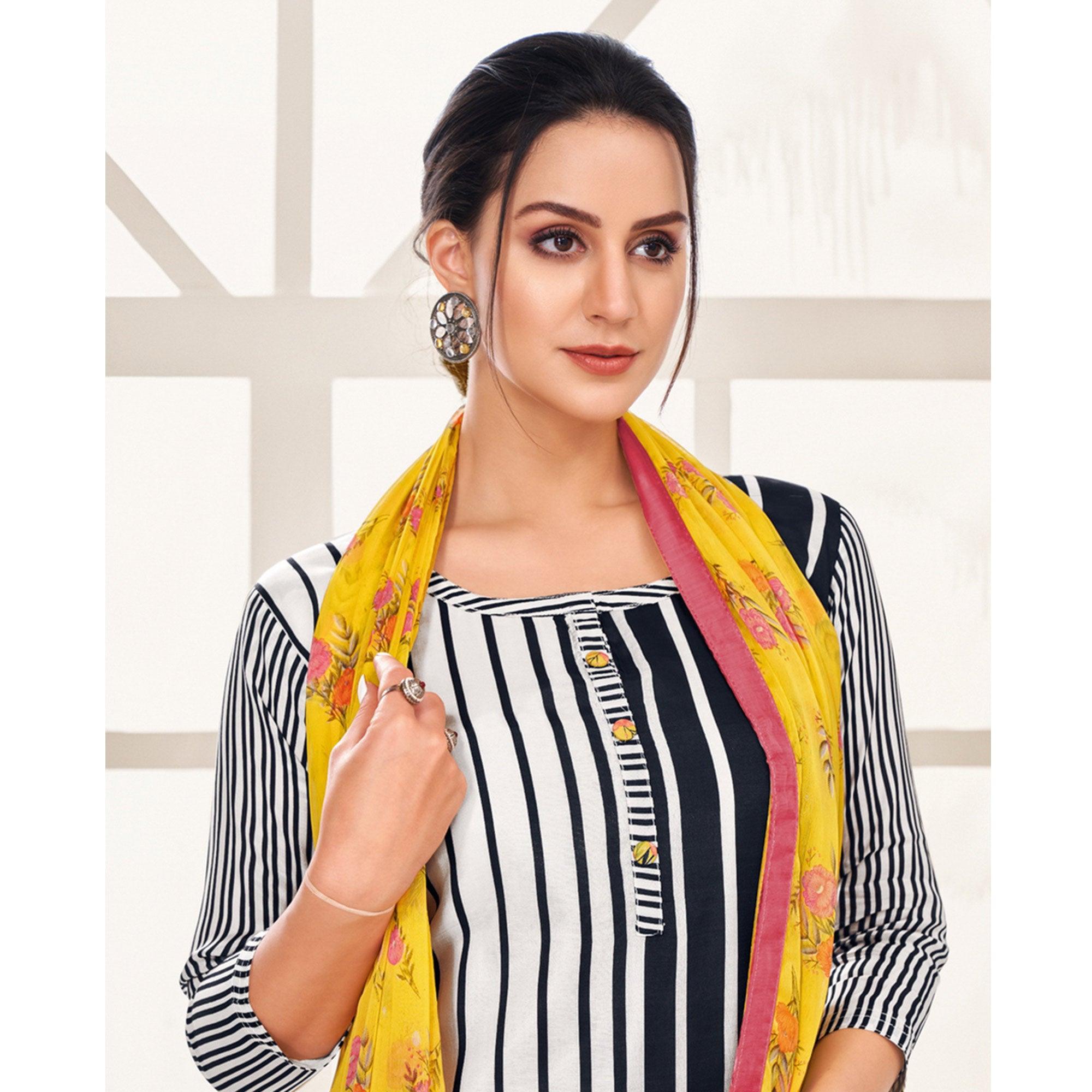 Gleaming White - Black Colored Casual Wear Embroidered Chanderi Dress Material - Peachmode