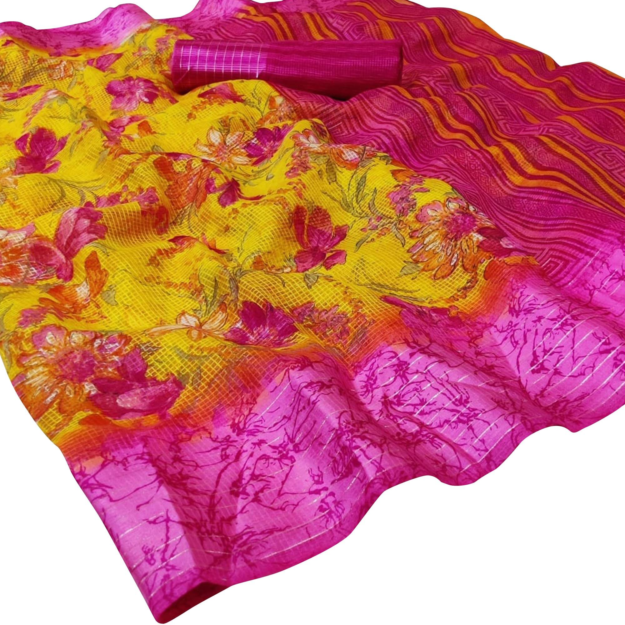 Gleaming Yellow Colored Casual Wear Printed Silk Saree - Peachmode