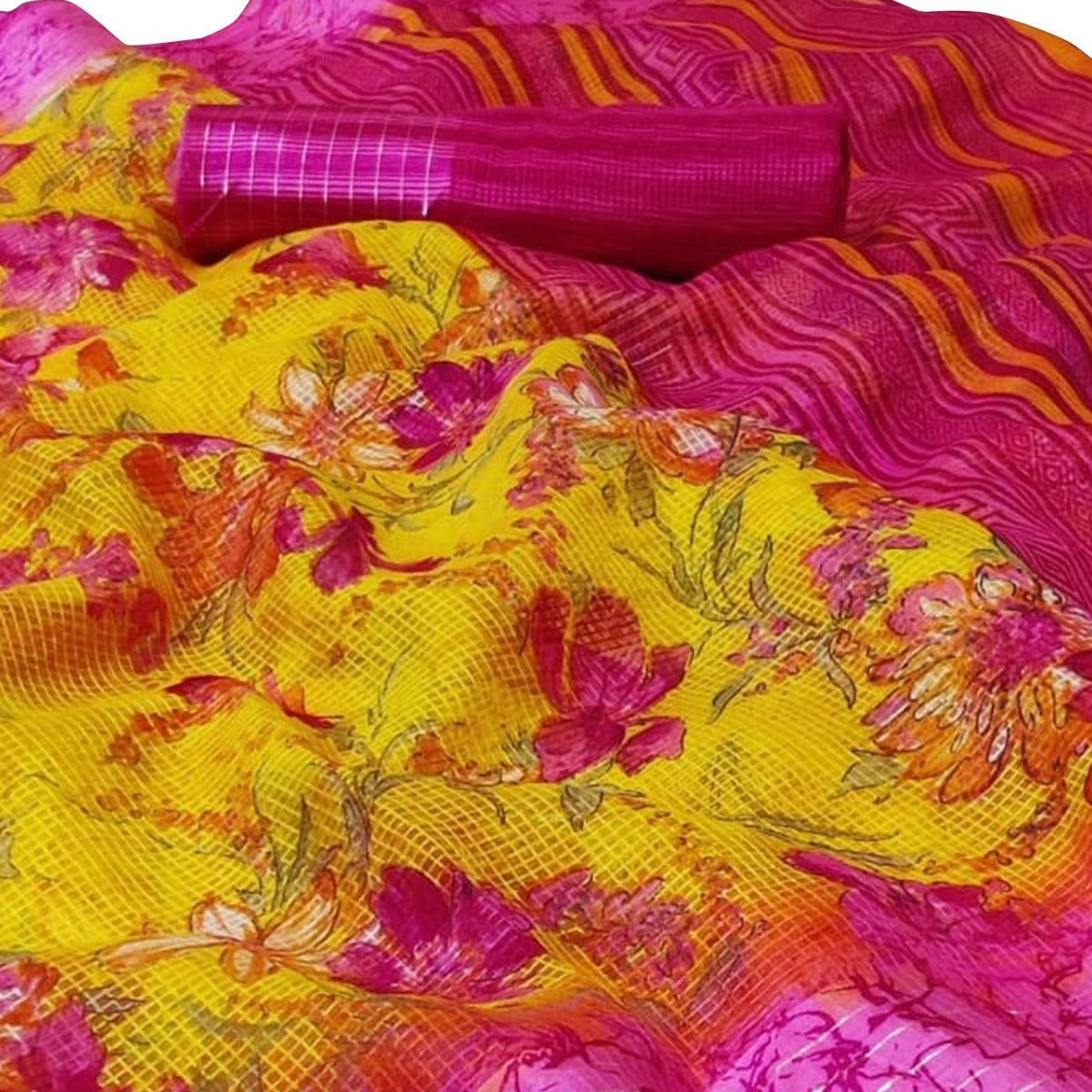 Gleaming Yellow Colored Casual Wear Printed Silk Saree - Peachmode