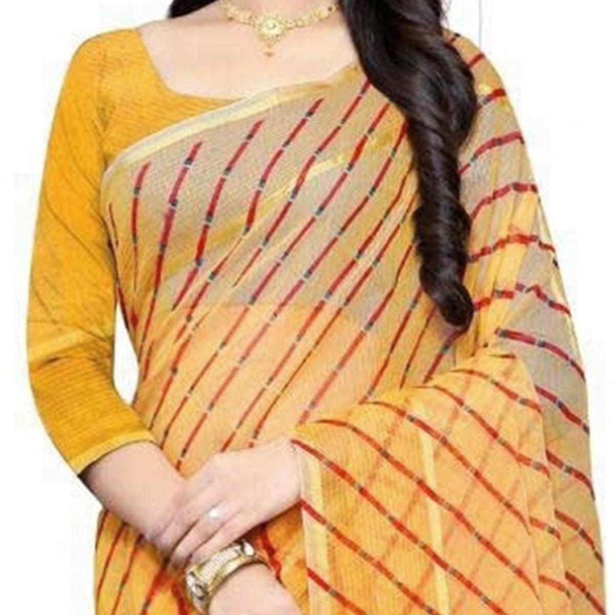 Gleaming Yellow Colored Casual Wear Stripe Printed Kota Doria Cotton Saree With Tassels - Peachmode