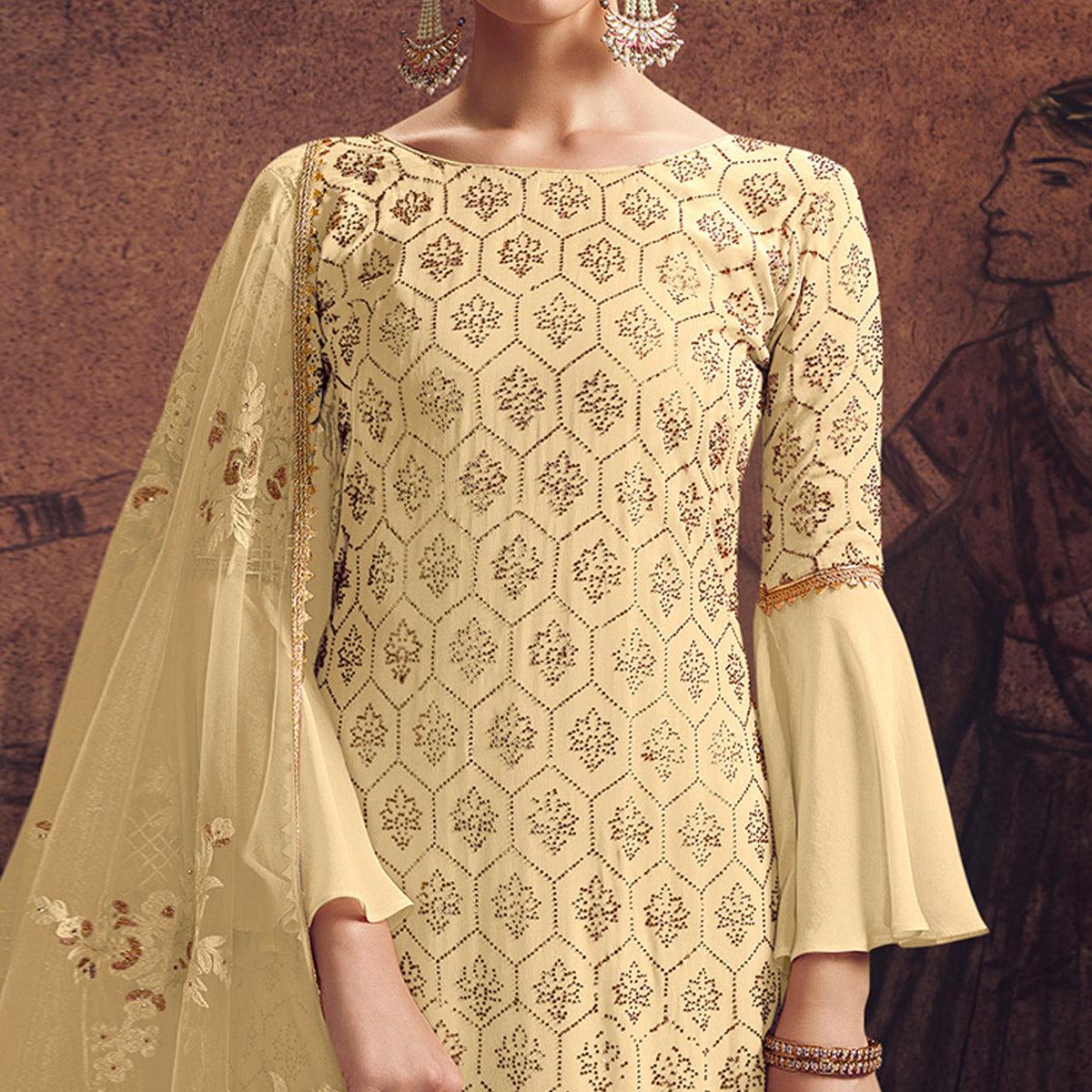 Gleaming Yellow Colored Partywear Embroidered Rangoli Georgette Palazzo Suit - Peachmode