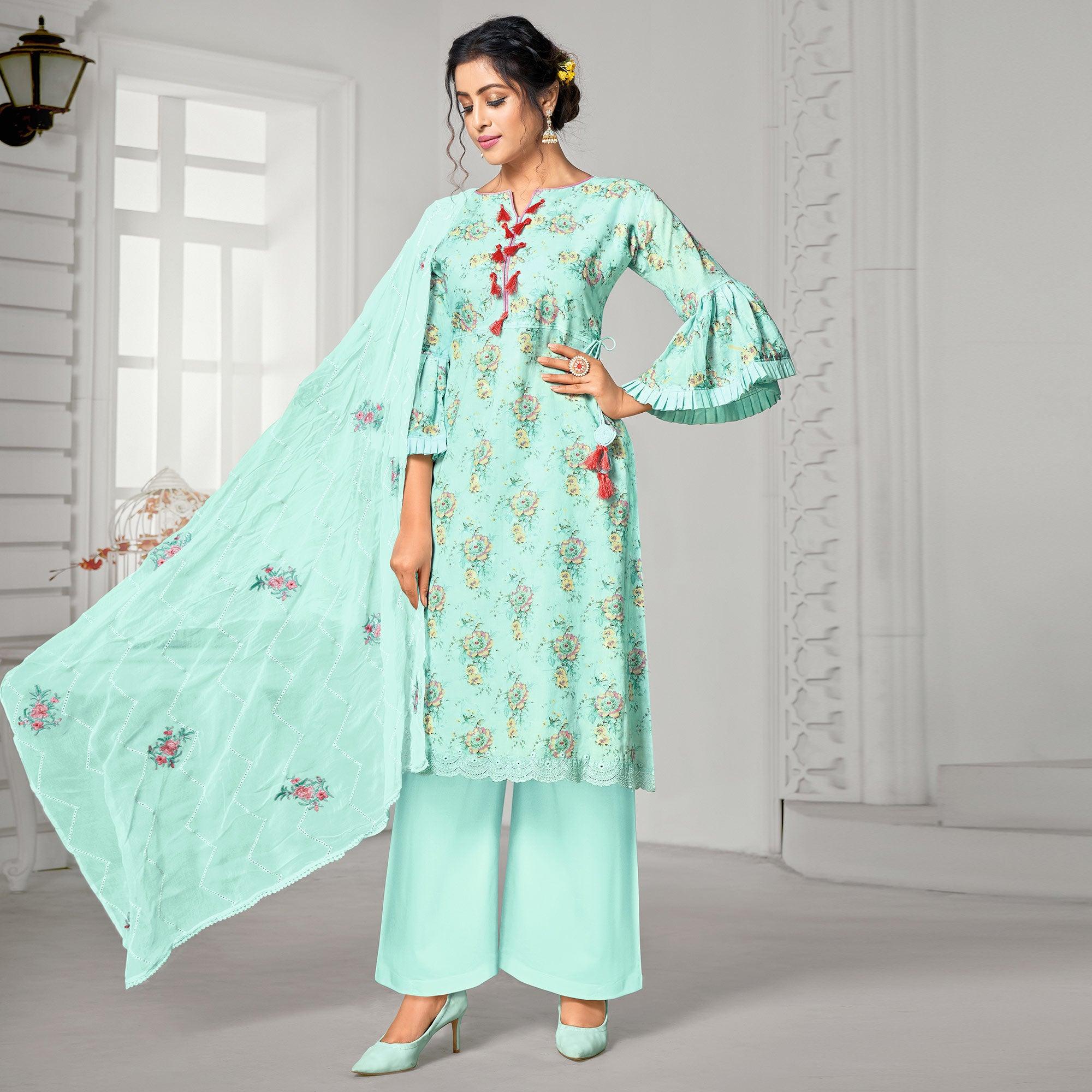 Glorious Aqua Blue Colored Casual Wear Digital Printed Cotton Dress Material - Peachmode