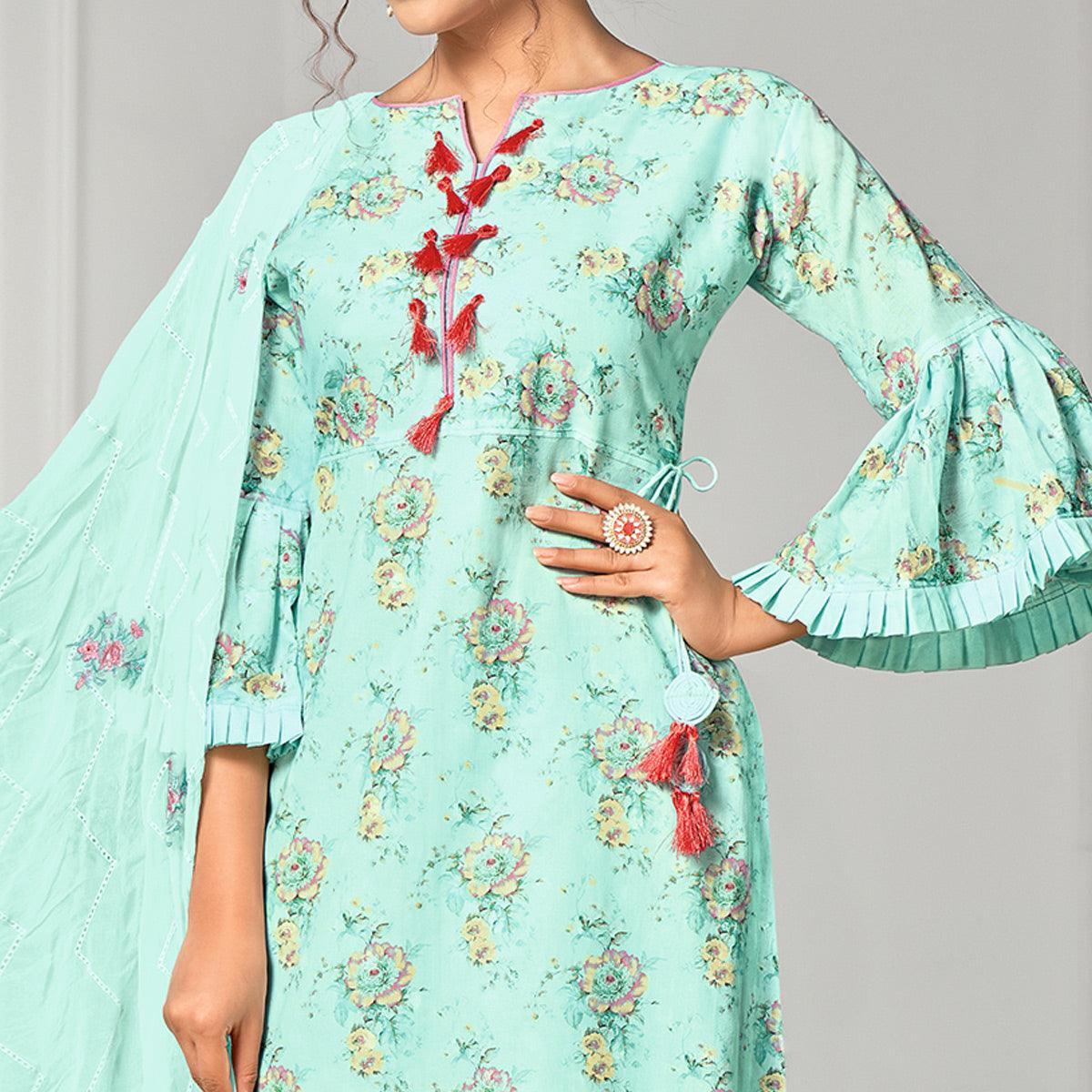 Glorious Aqua Blue Colored Casual Wear Digital Printed Cotton Dress Material - Peachmode