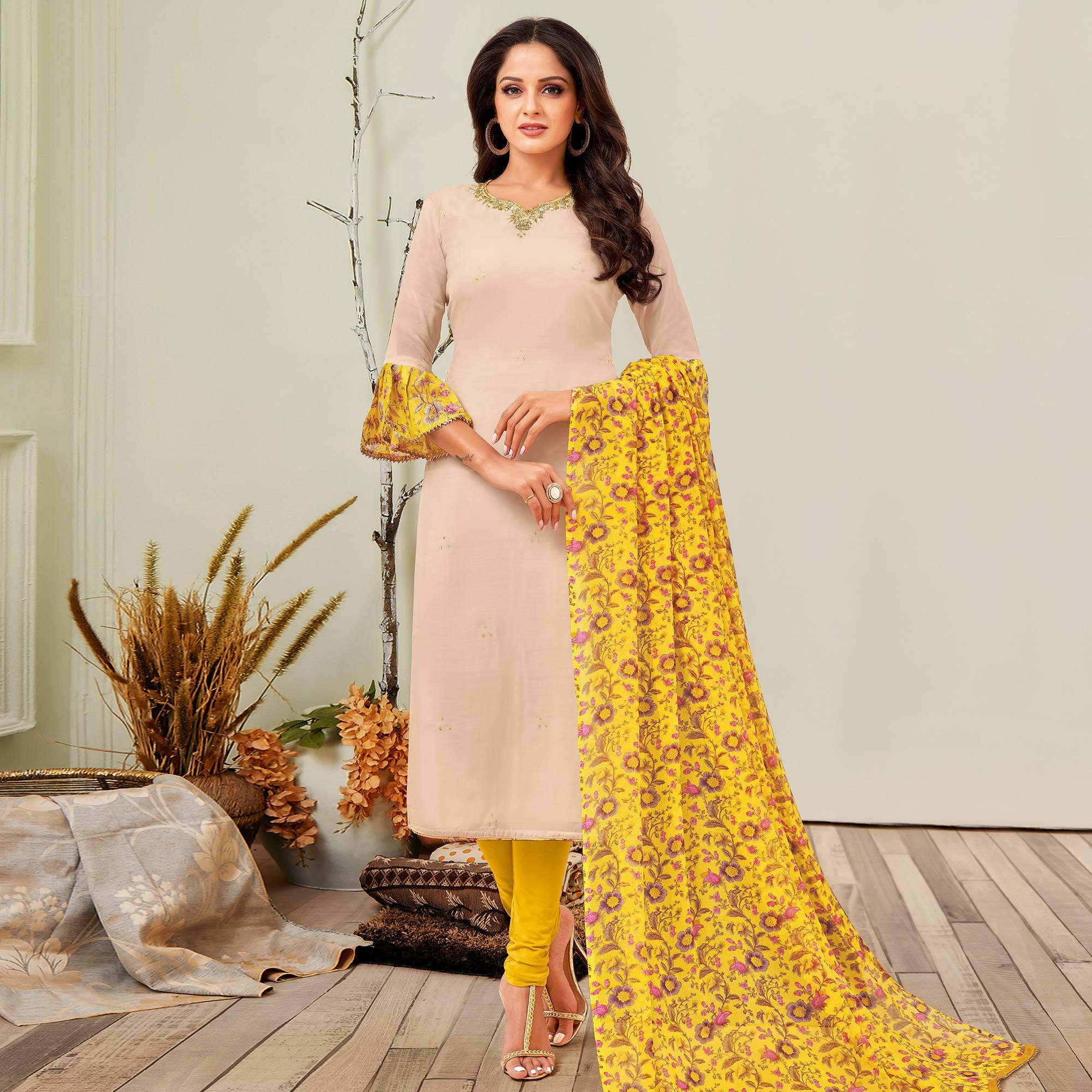 Glorious Beige Colored Casual Wear Embroidered Chanderi Dress Material - Peachmode