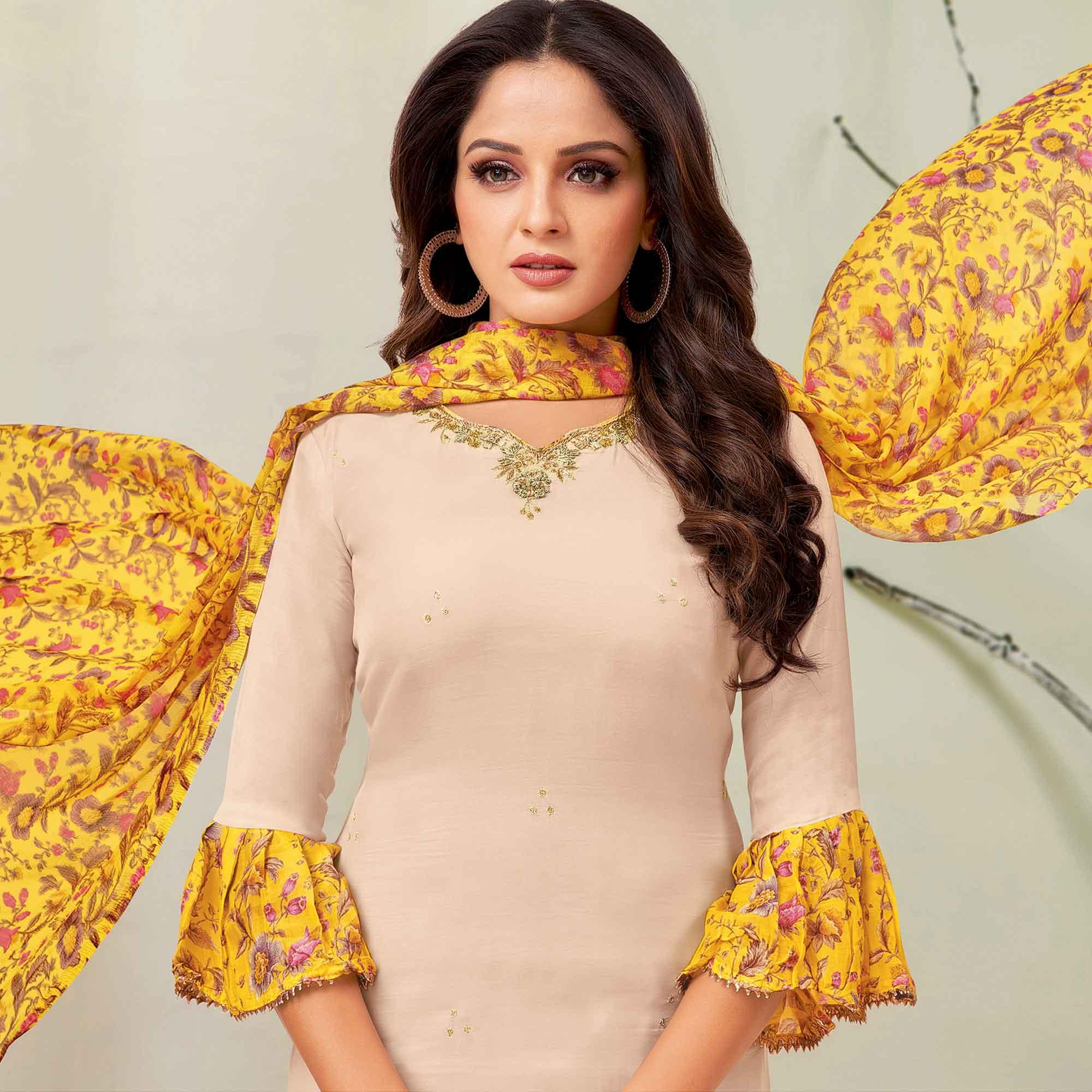 Glorious Beige Colored Casual Wear Embroidered Chanderi Dress Material - Peachmode