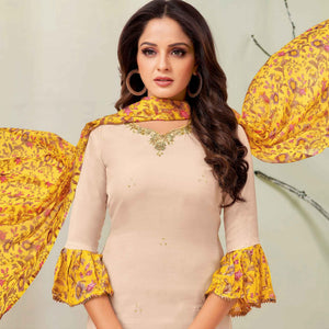 Glorious Beige Colored Casual Wear Embroidered Chanderi Dress Material - Peachmode