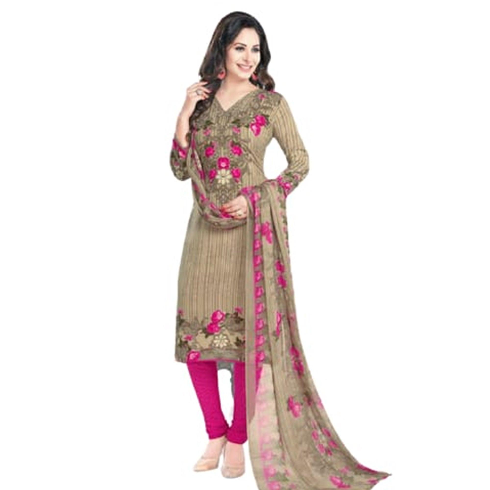 Glorious Beige Colored Casual Wear Printed Crepe Dress Material - Peachmode
