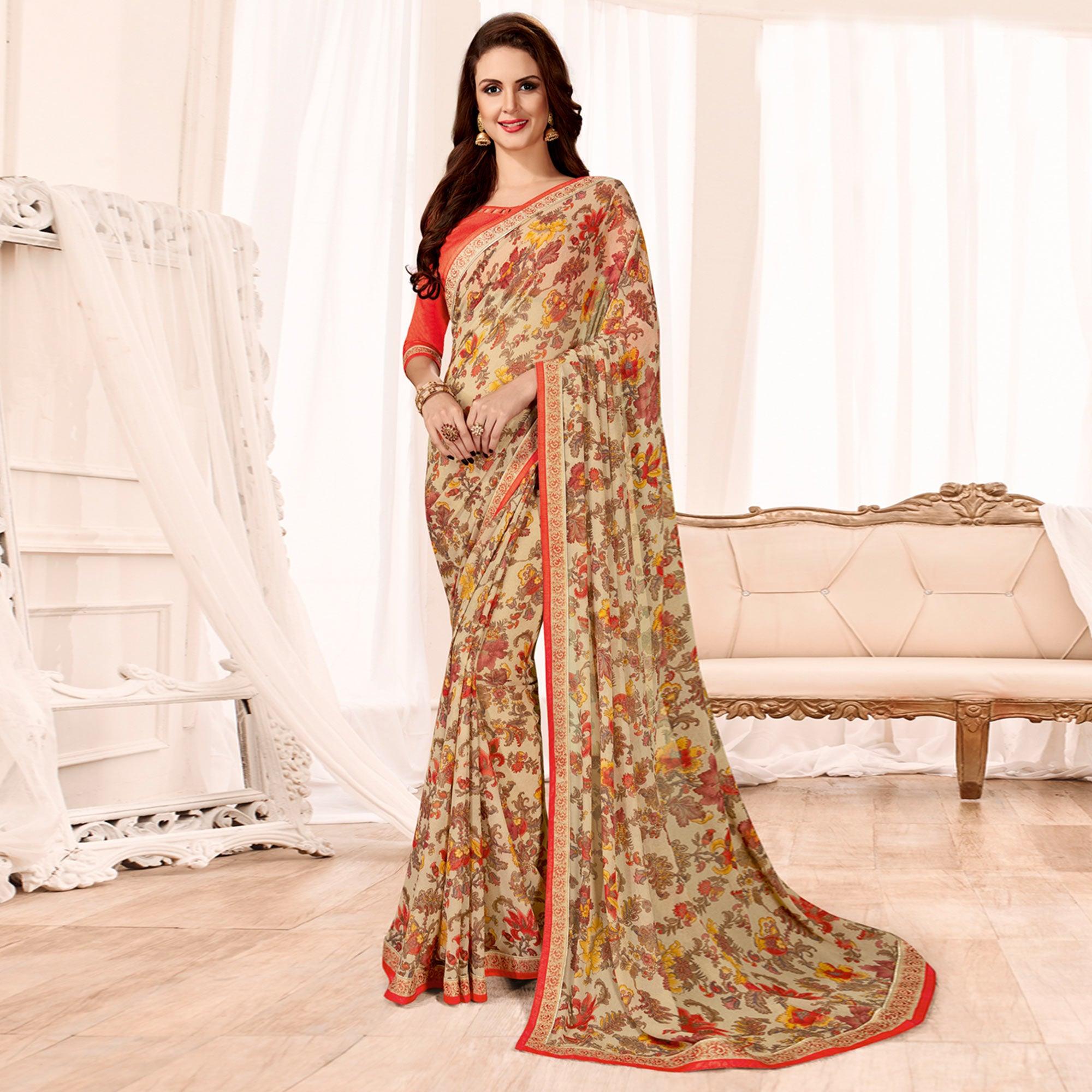 Glorious Beige Colored Casual Wear Printed Georgette Saree - Peachmode