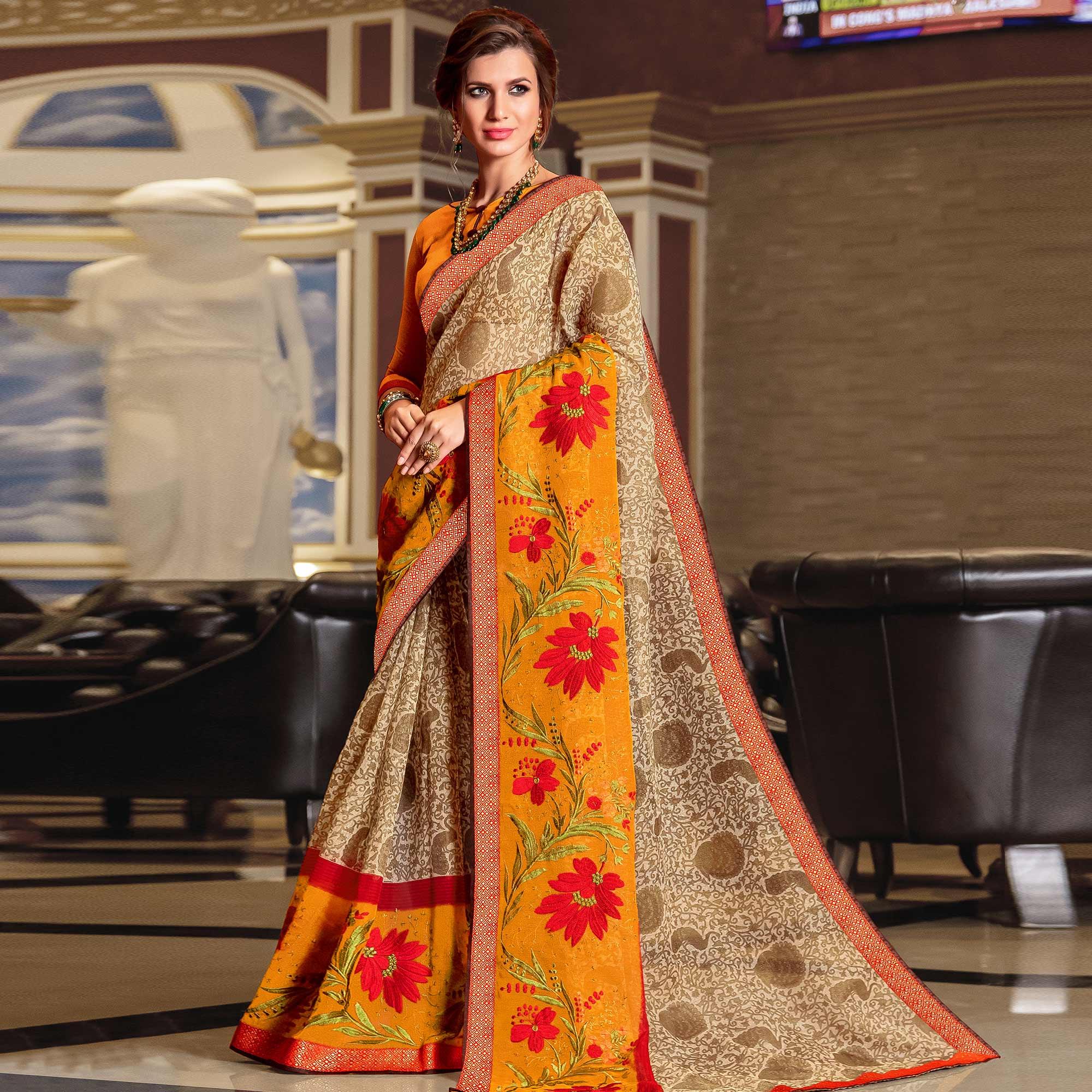 Glorious Beige - Yellow Colored Partywear Embroidered Silk Saree - Peachmode