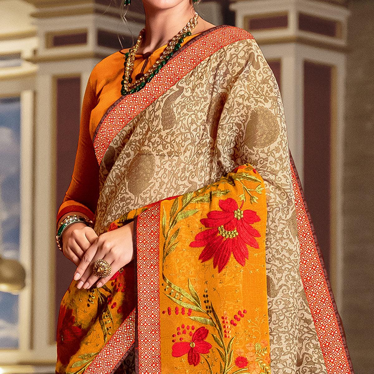Glorious Beige - Yellow Colored Partywear Embroidered Silk Saree - Peachmode