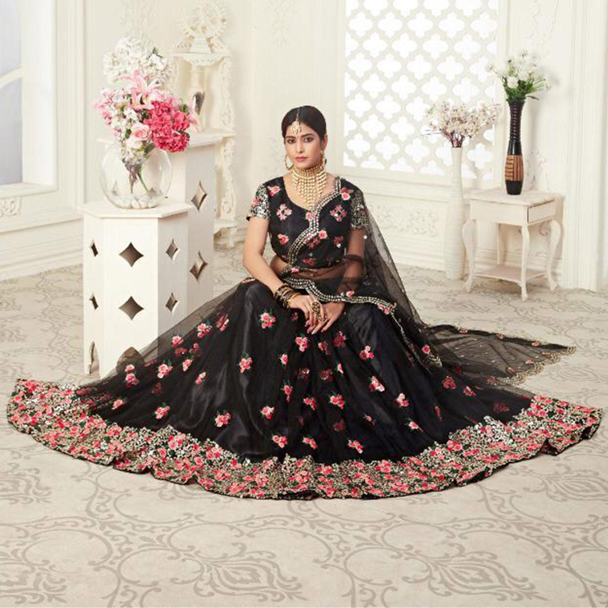 Glorious Black Colored Wedding Wear Thread Embroidered Heavy Net Lehenga Choli - Peachmode