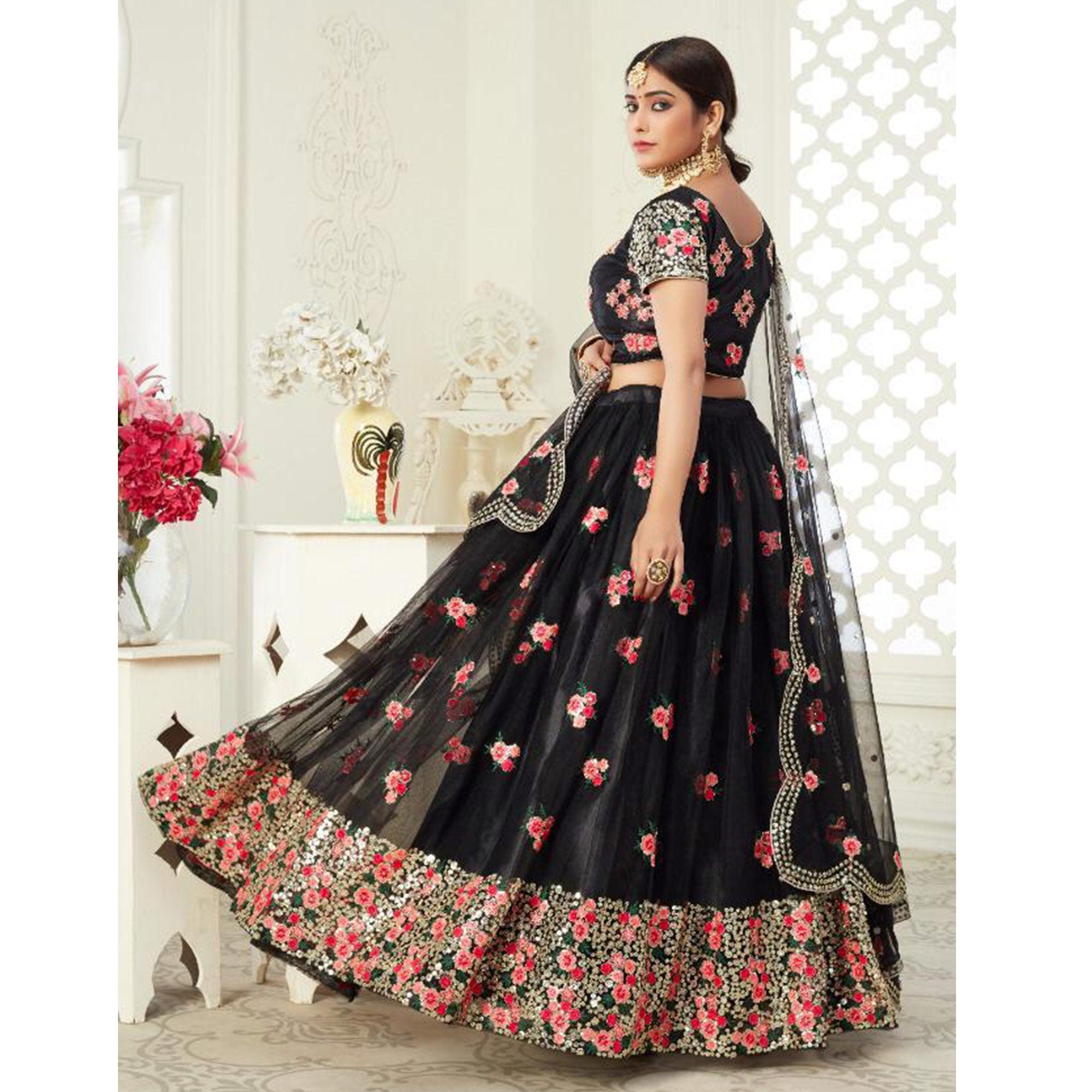 Glorious Black Colored Wedding Wear Thread Embroidered Heavy Net Lehenga Choli - Peachmode