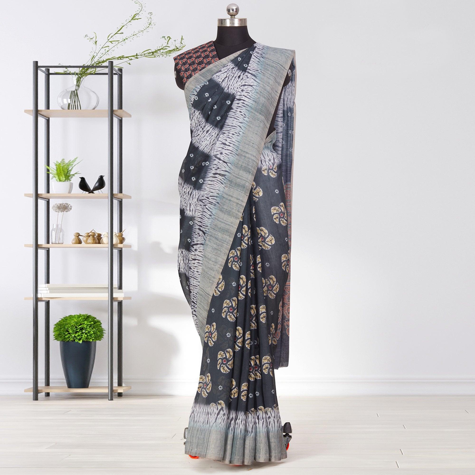 Glorious Black Coloured Casual Wear Printed Linen Saree - Peachmode