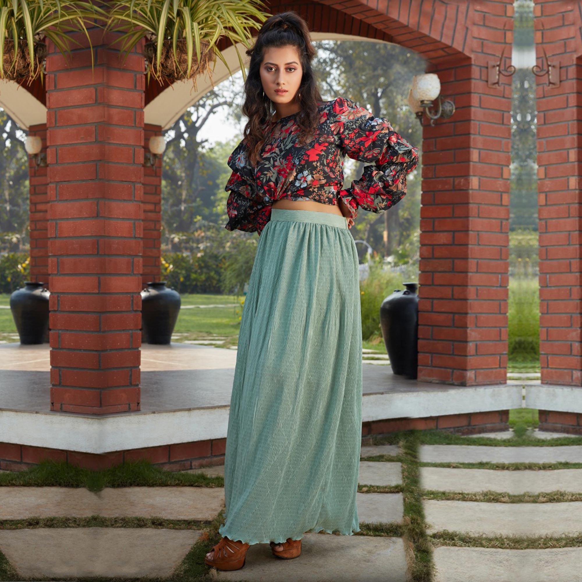 Glorious Black-Pista Green Colored Casual Wear Printed Western Crop Top - Skirt Set - Peachmode