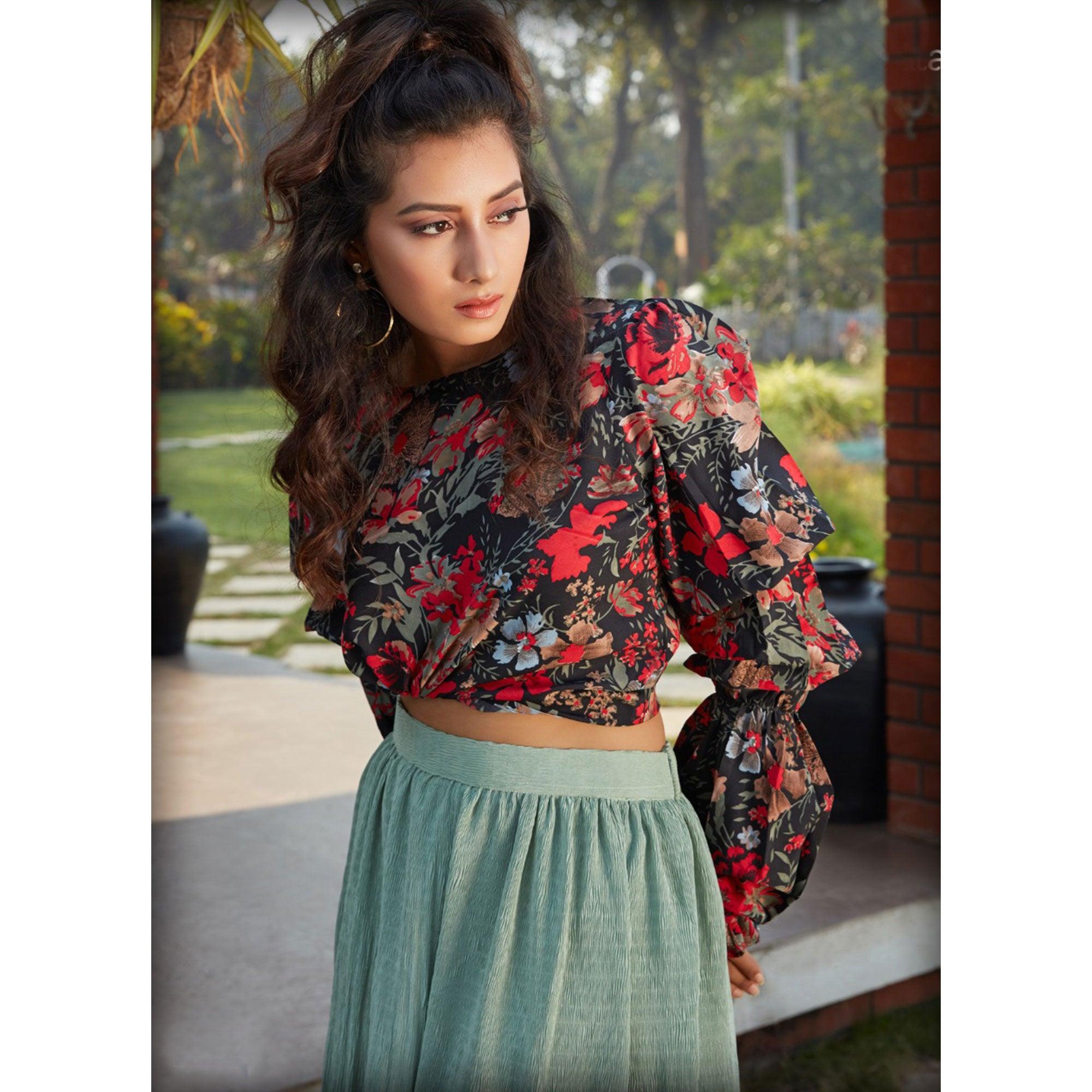 Glorious Black-Pista Green Colored Casual Wear Printed Western Crop Top - Skirt Set - Peachmode