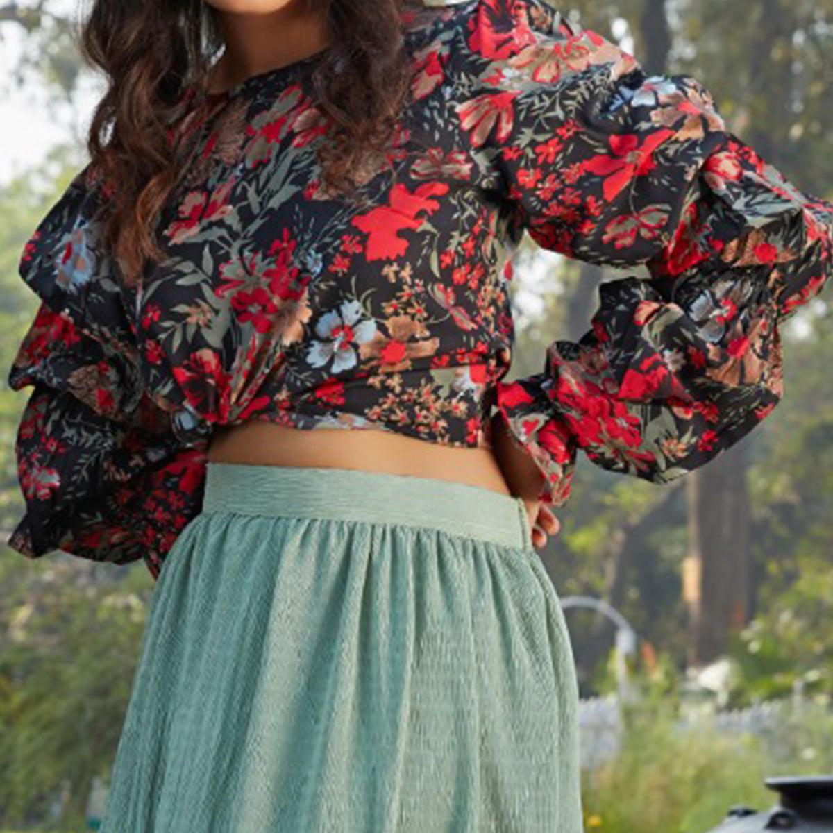 Glorious Black-Pista Green Colored Casual Wear Printed Western Crop Top - Skirt Set - Peachmode