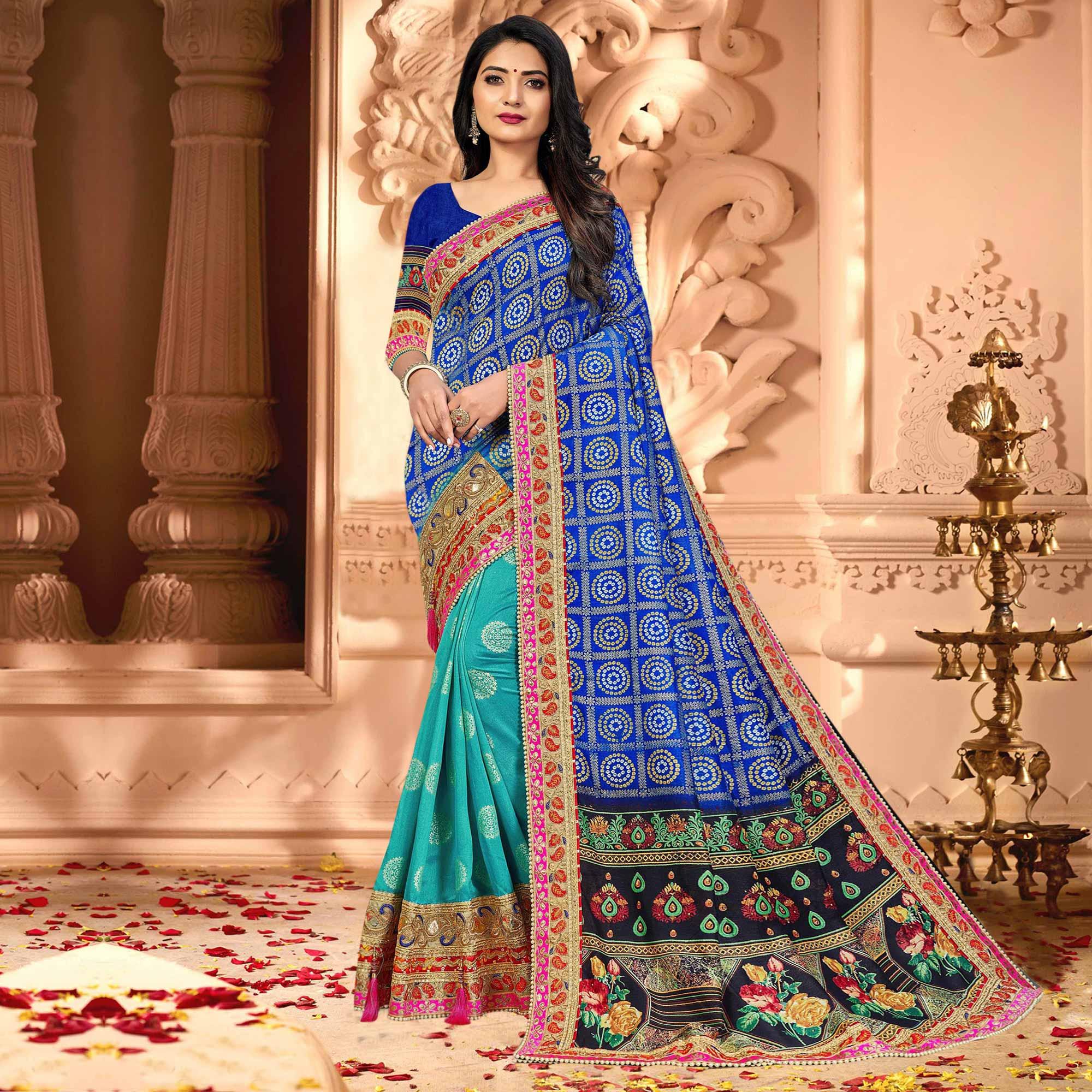 Glorious Blue & Turquoise Coloured Partywear Diamond Work Half & Half Art Silk Saree - Peachmode