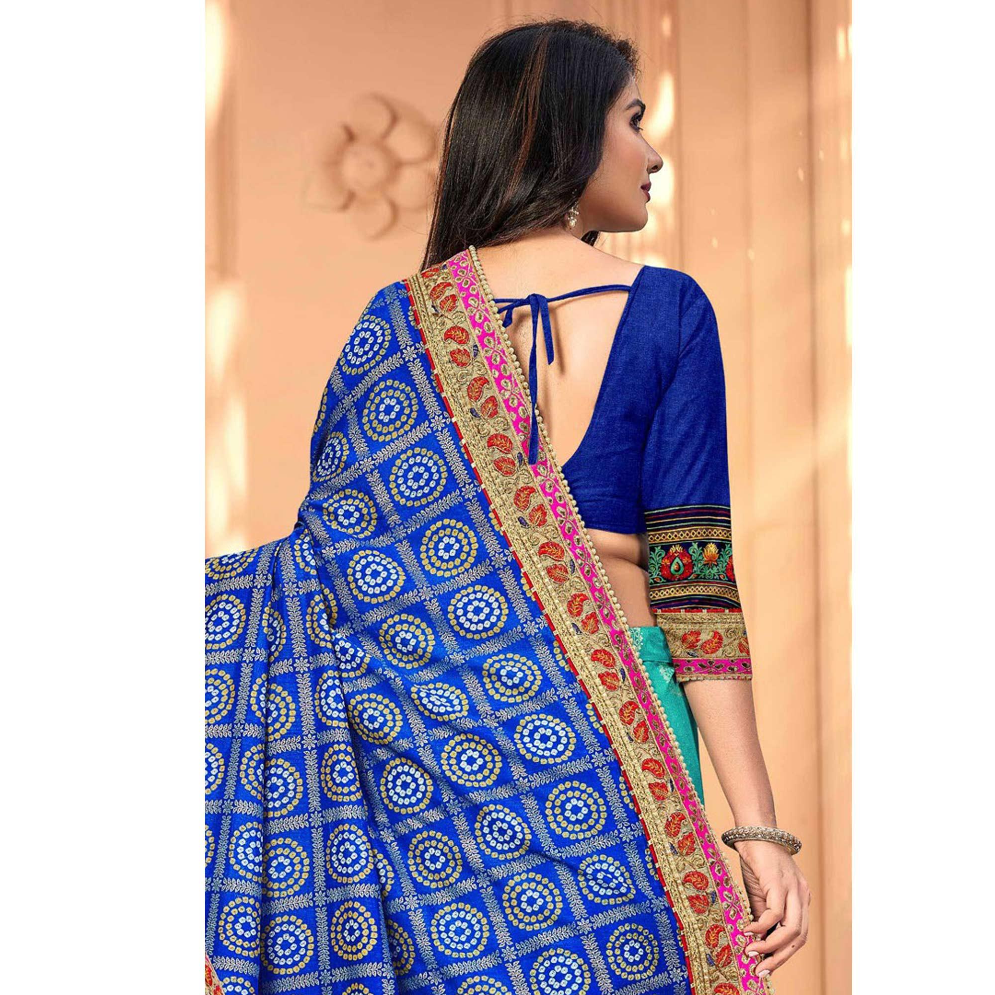 Glorious Blue & Turquoise Coloured Partywear Diamond Work Half & Half Art Silk Saree - Peachmode