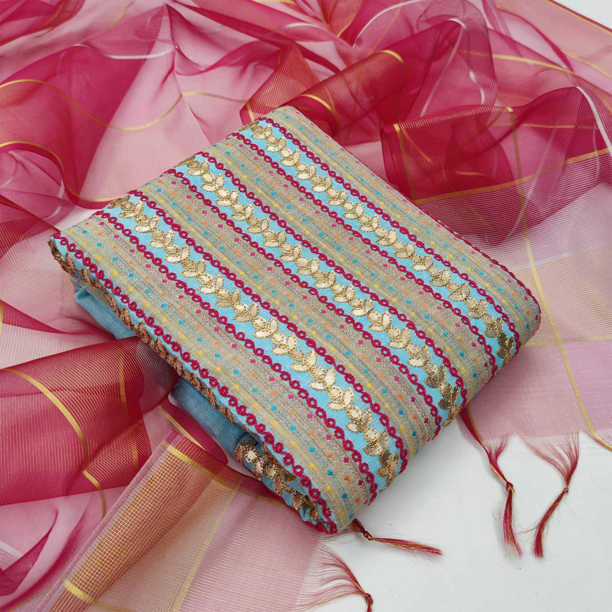 Glorious Blue Colored Casual Embroidered Cotton Dress Material - Peachmode