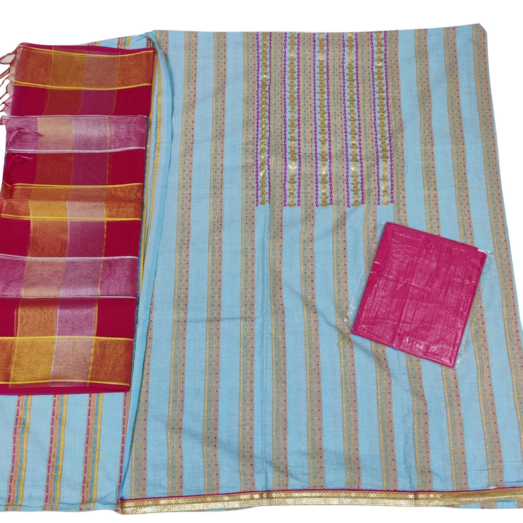 Glorious Blue Colored Casual Embroidered Cotton Dress Material - Peachmode