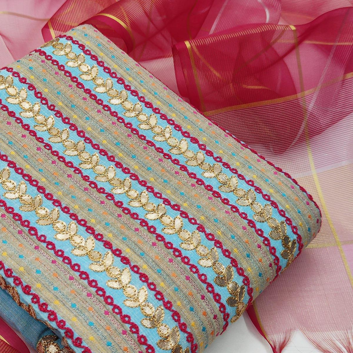 Glorious Blue Colored Casual Embroidered Cotton Dress Material - Peachmode