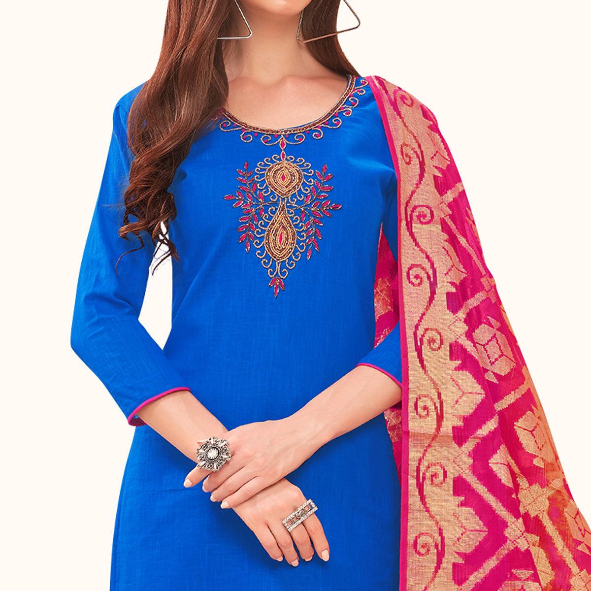 Glorious Blue Colored Casual Wear Embroidered Cotton Dress Material With Banarasi Silk Dupatta - Peachmode