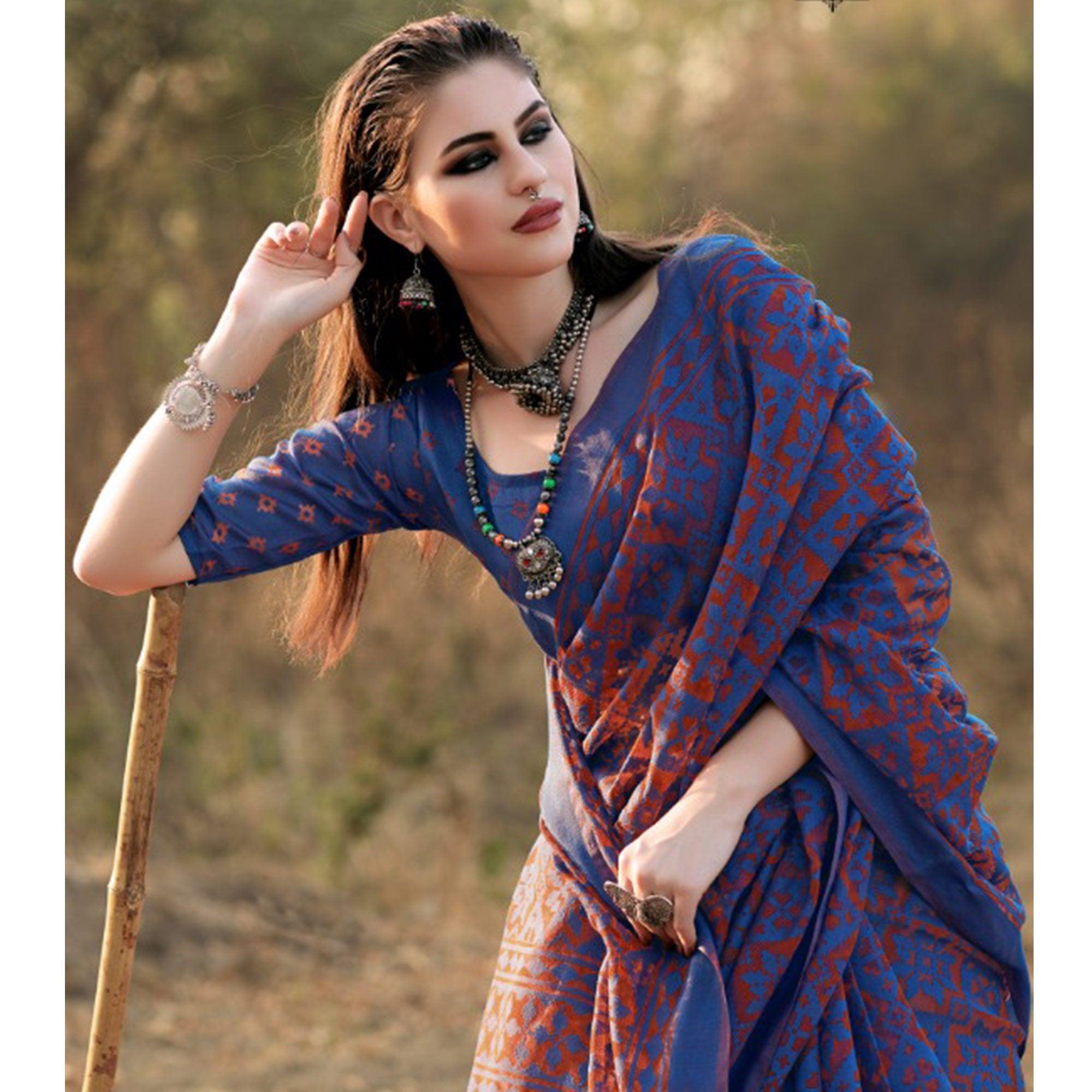 Glorious Blue Colored Casual Wear Printed Brasso Saree - Peachmode