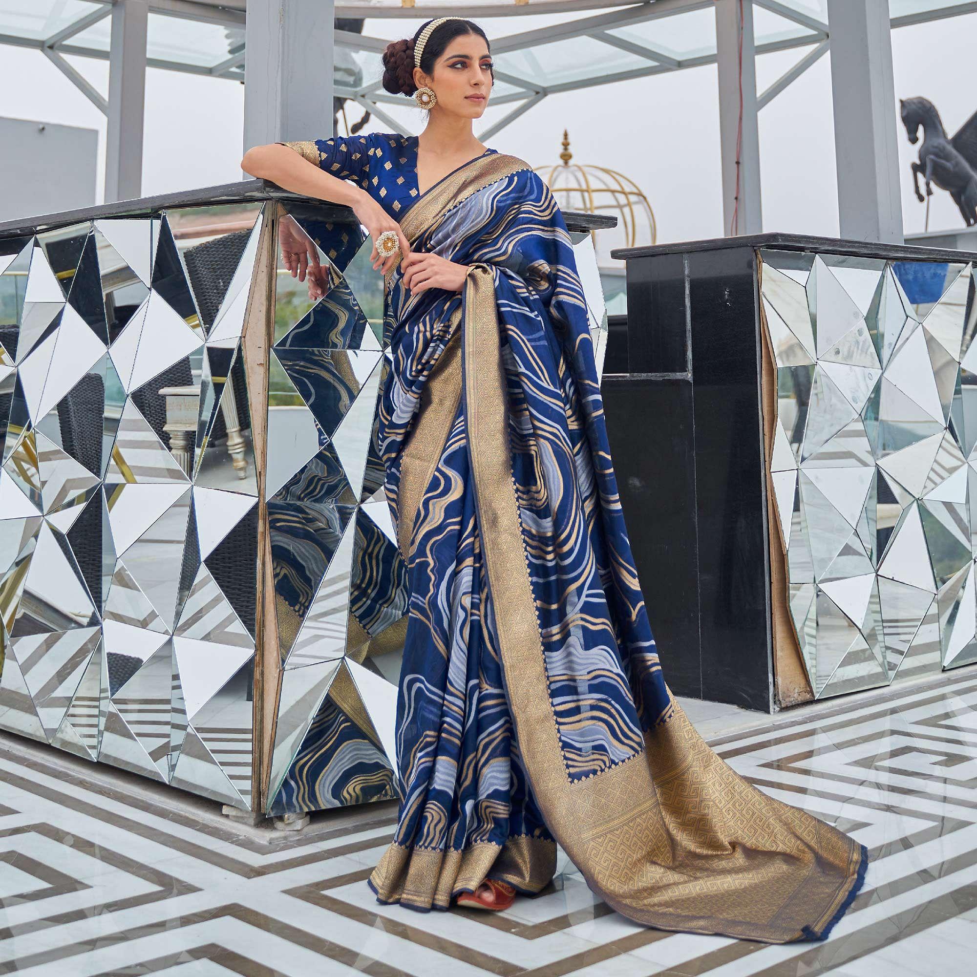 Glorious Blue Colored Festive Wear Printed Dola Weaving Art Silk Saree - Peachmode