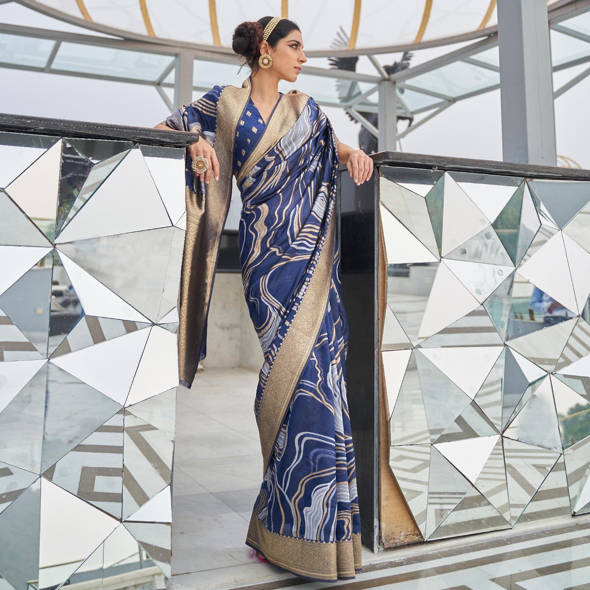 Glorious Blue Colored Festive Wear Printed Dola Weaving Art Silk Saree - Peachmode