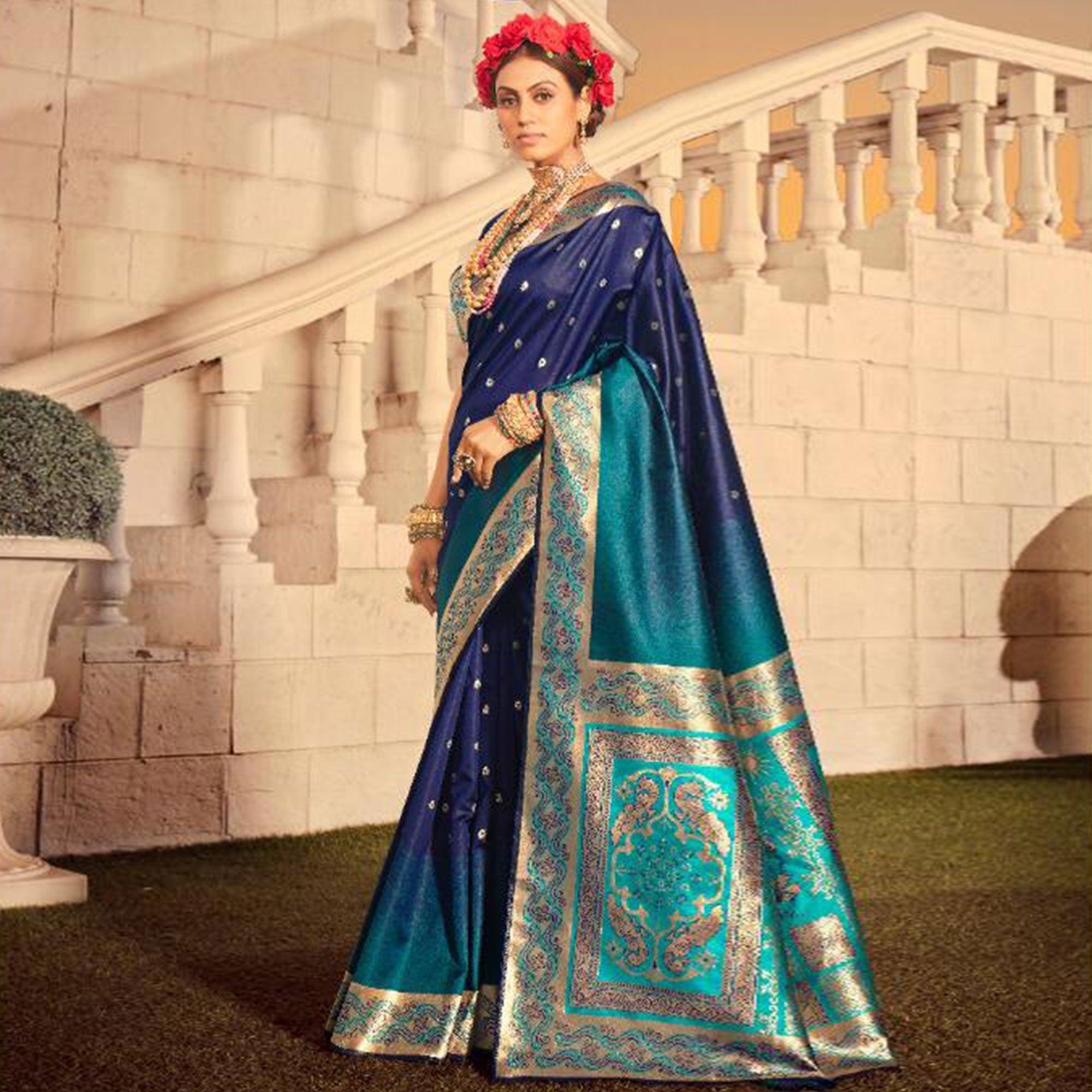 Glorious Blue Colored Festive Wear Woven Banarasi Silk Saree - Peachmode
