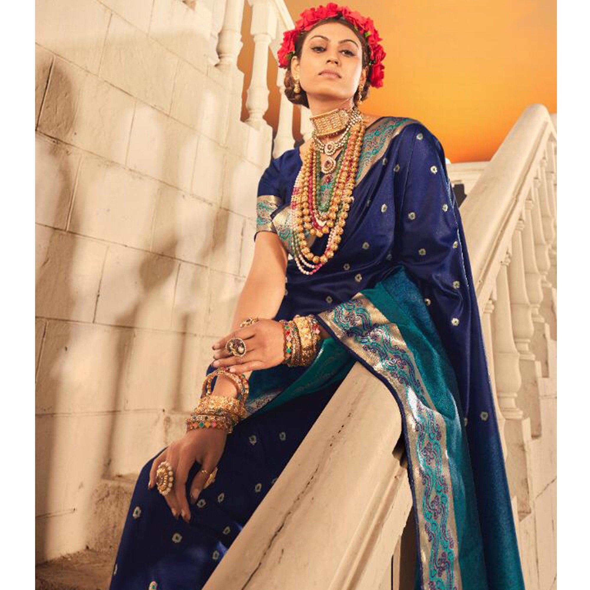 Glorious Blue Colored Festive Wear Woven Banarasi Silk Saree - Peachmode