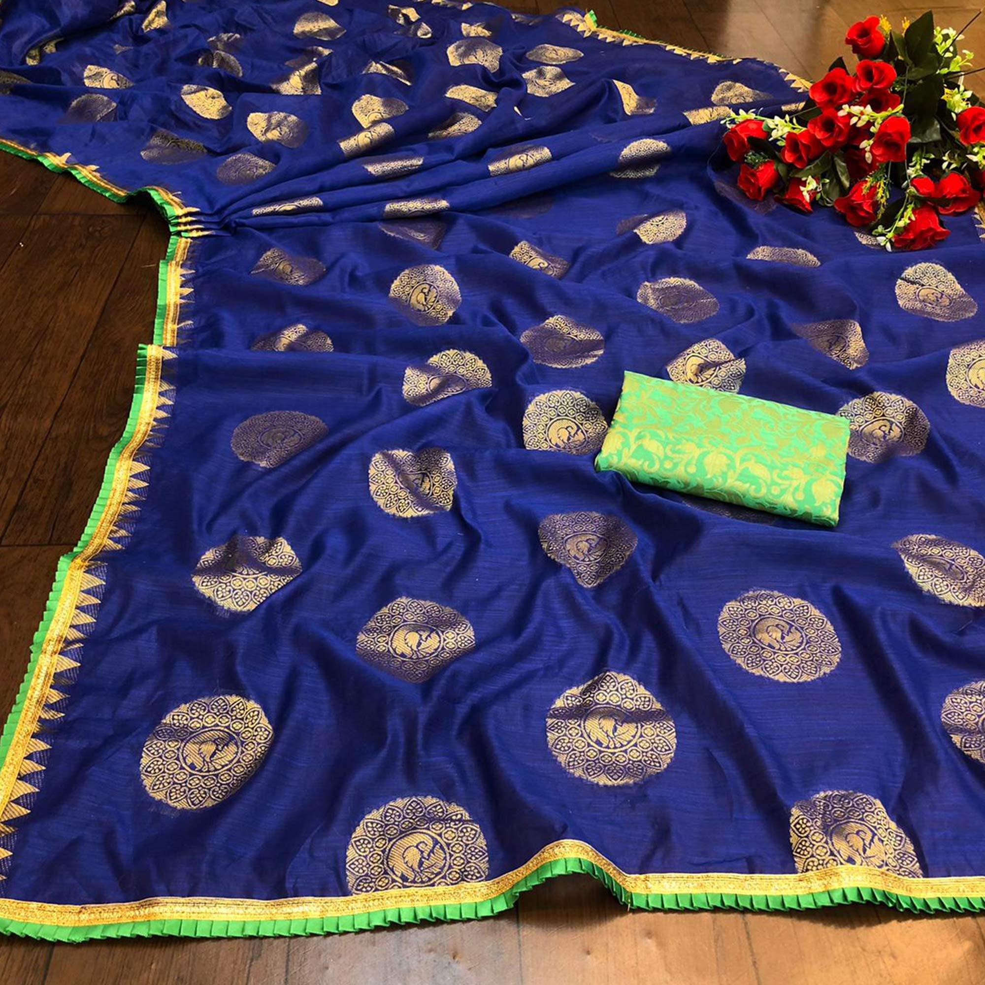 Glorious Blue Colored Festive Wear Woven Cotton Saree - Peachmode