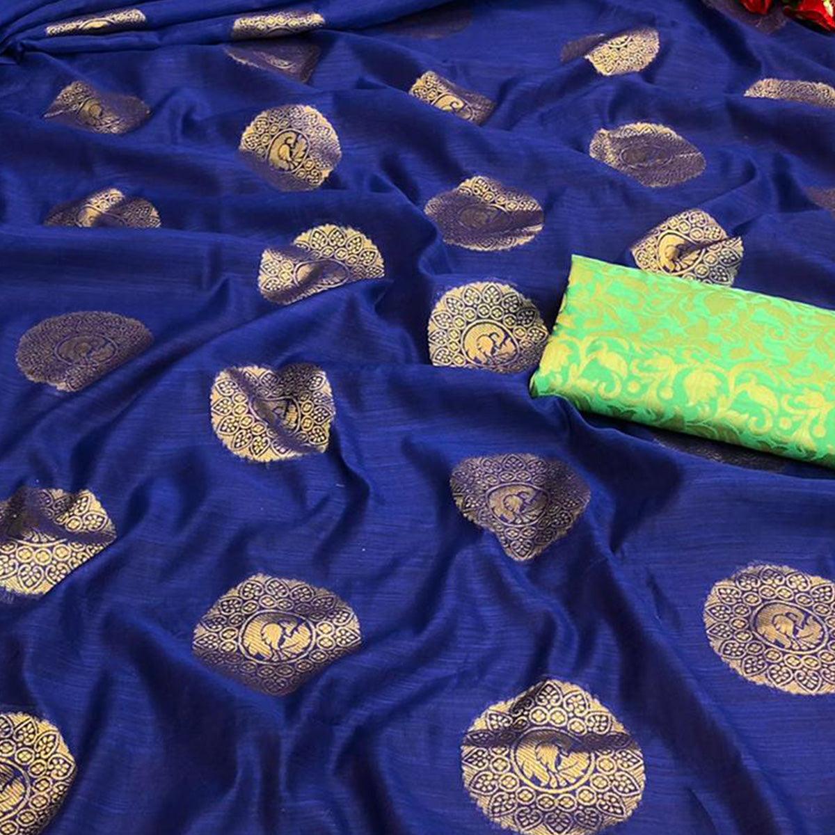Glorious Blue Colored Festive Wear Woven Cotton Saree - Peachmode